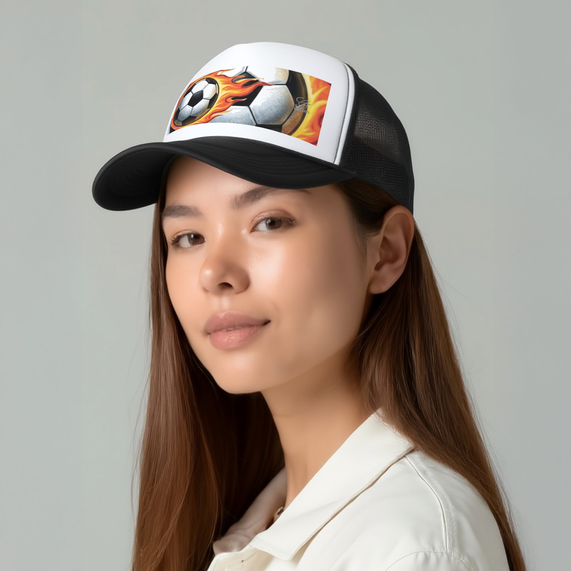 Flaming Airbrush Soccer Ball Designer Urban Trucker Hat - Black/White by GT Artland