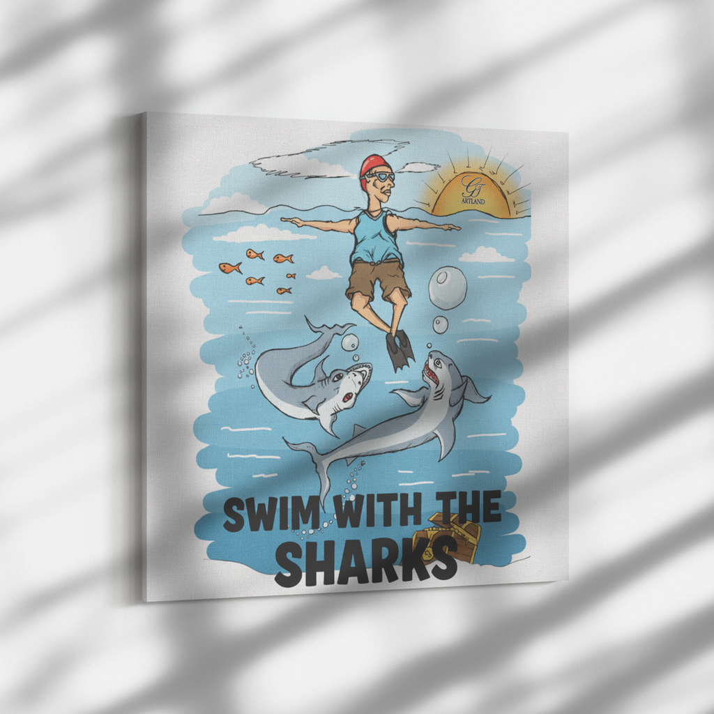 Swim With The Sharks "Humorous" Original Comic Style Square Canvas Wrap by GT Artland
