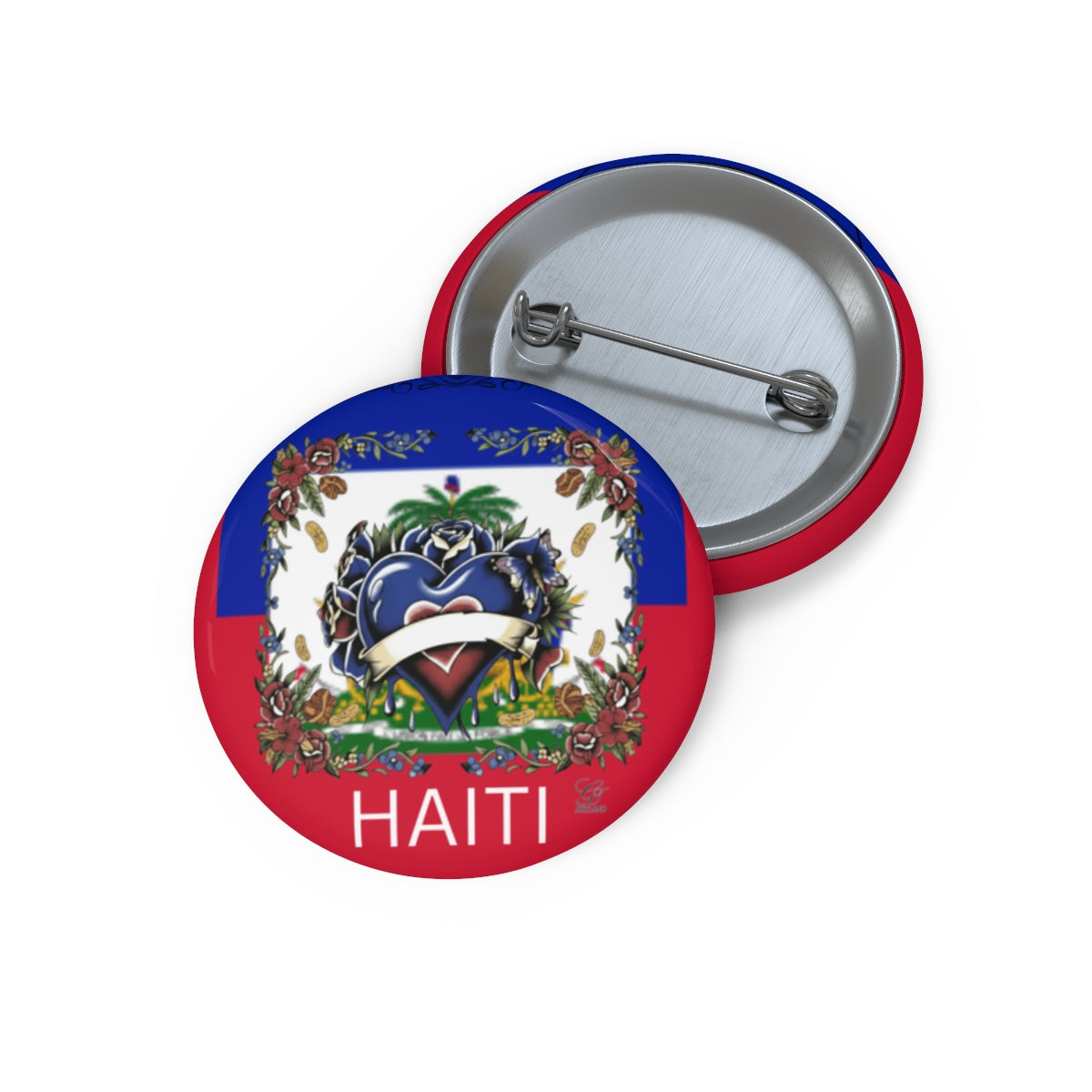 Haitian Pride Classic Heart With Roses Floral Designer Custom Pin Buttons by GT Artland
