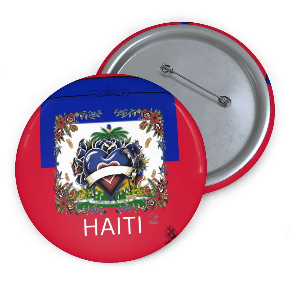 Haitian Pride Classic Heart With Roses Floral Designer Custom Pin Buttons by GT Artland