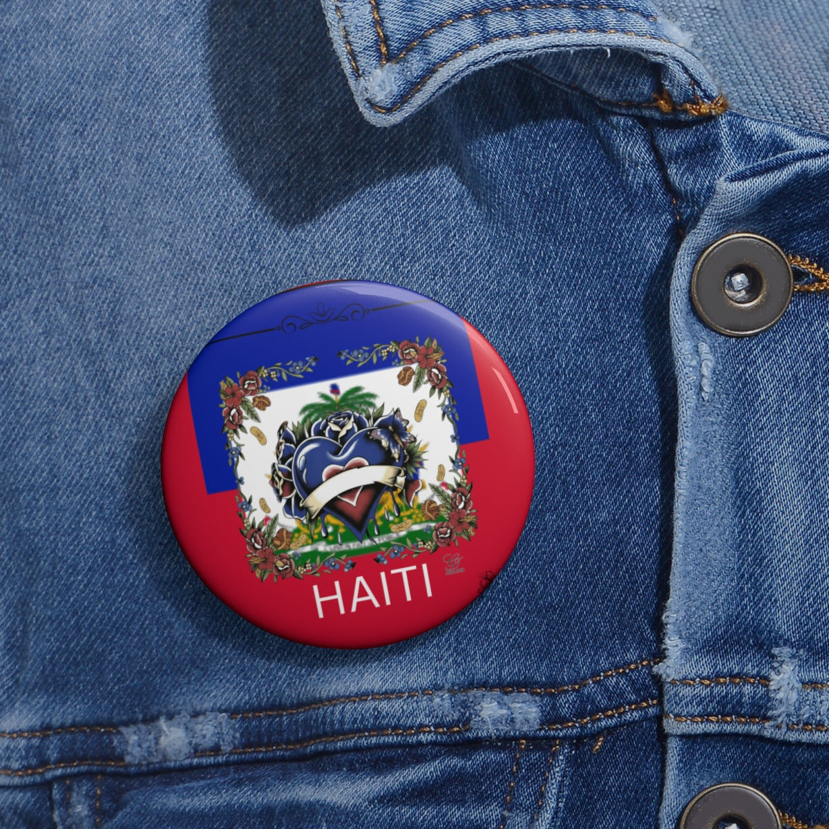 Haitian Pride Classic Heart With Roses Floral Designer Custom Pin Buttons by GT Artland
