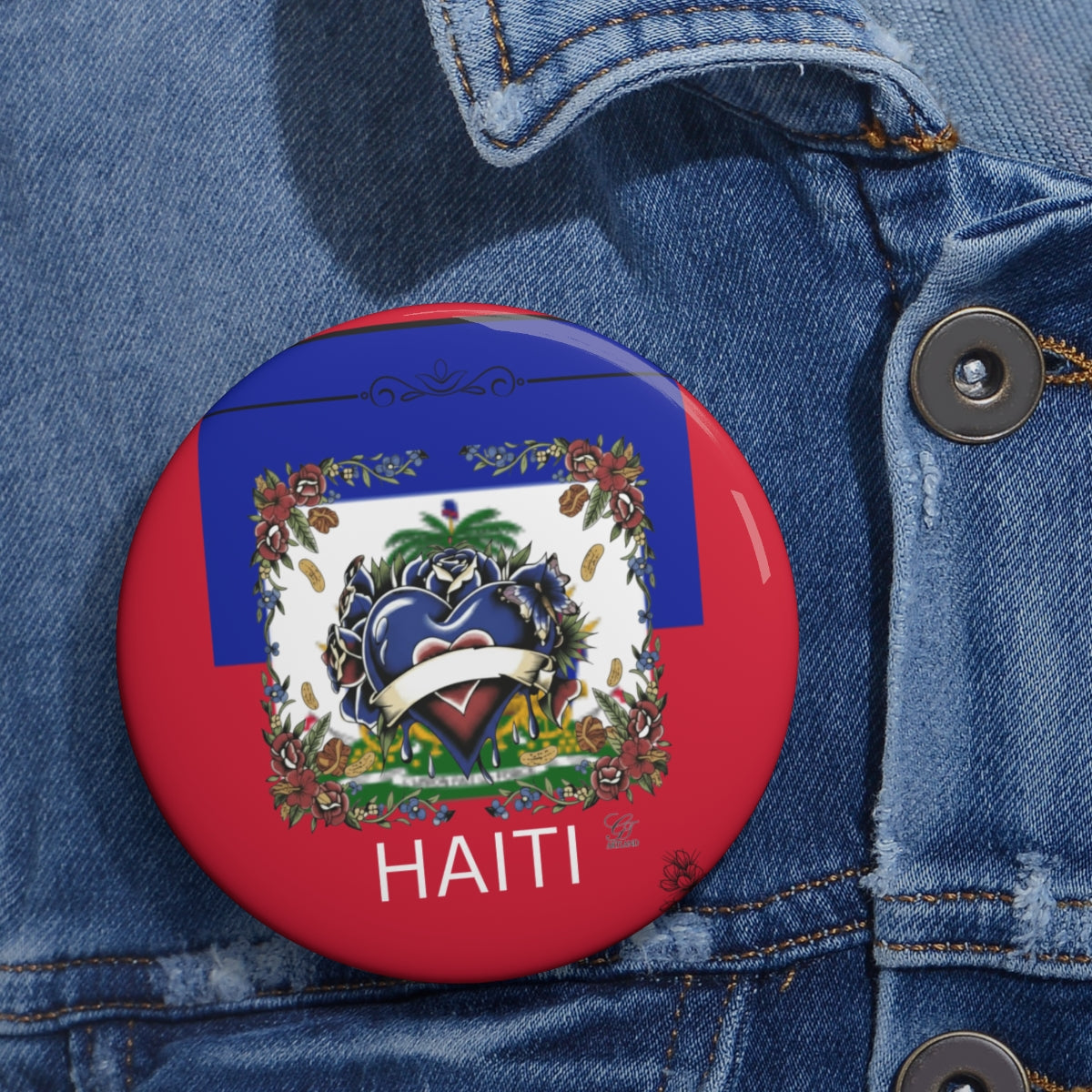 Haitian Pride Classic Heart With Roses Floral Designer Custom Pin Buttons by GT Artland