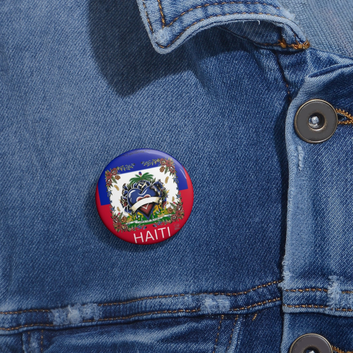 Haitian Pride Classic Heart With Roses Floral Designer Custom Pin Buttons by GT Artland