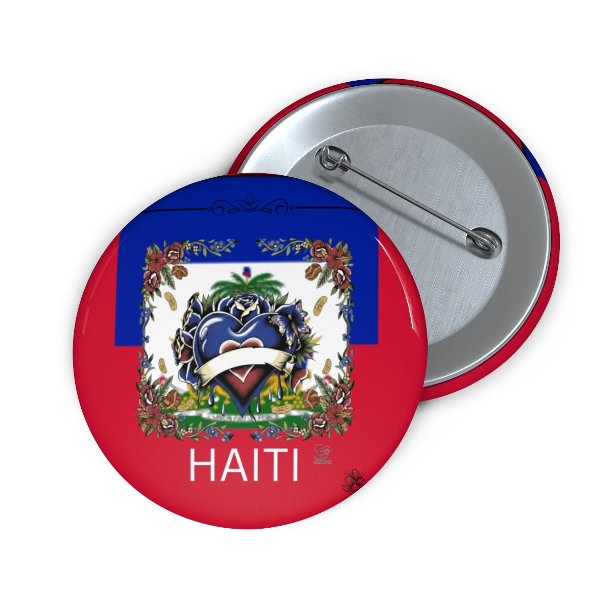 Haitian Pride Classic Heart With Roses Floral Designer Custom Pin Buttons by GT Artland