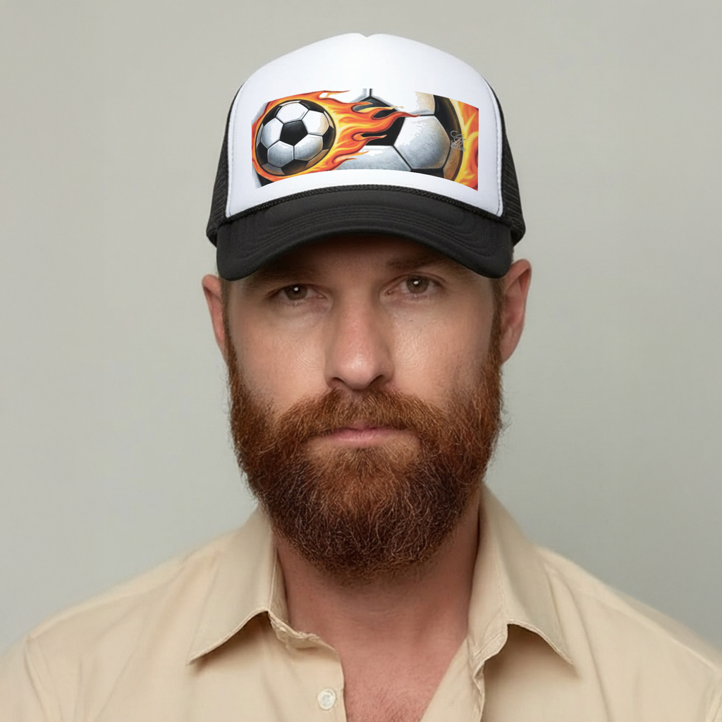 Flaming Airbrush Soccer Ball Designer Urban Trucker Hat - Black/White by GT Artland