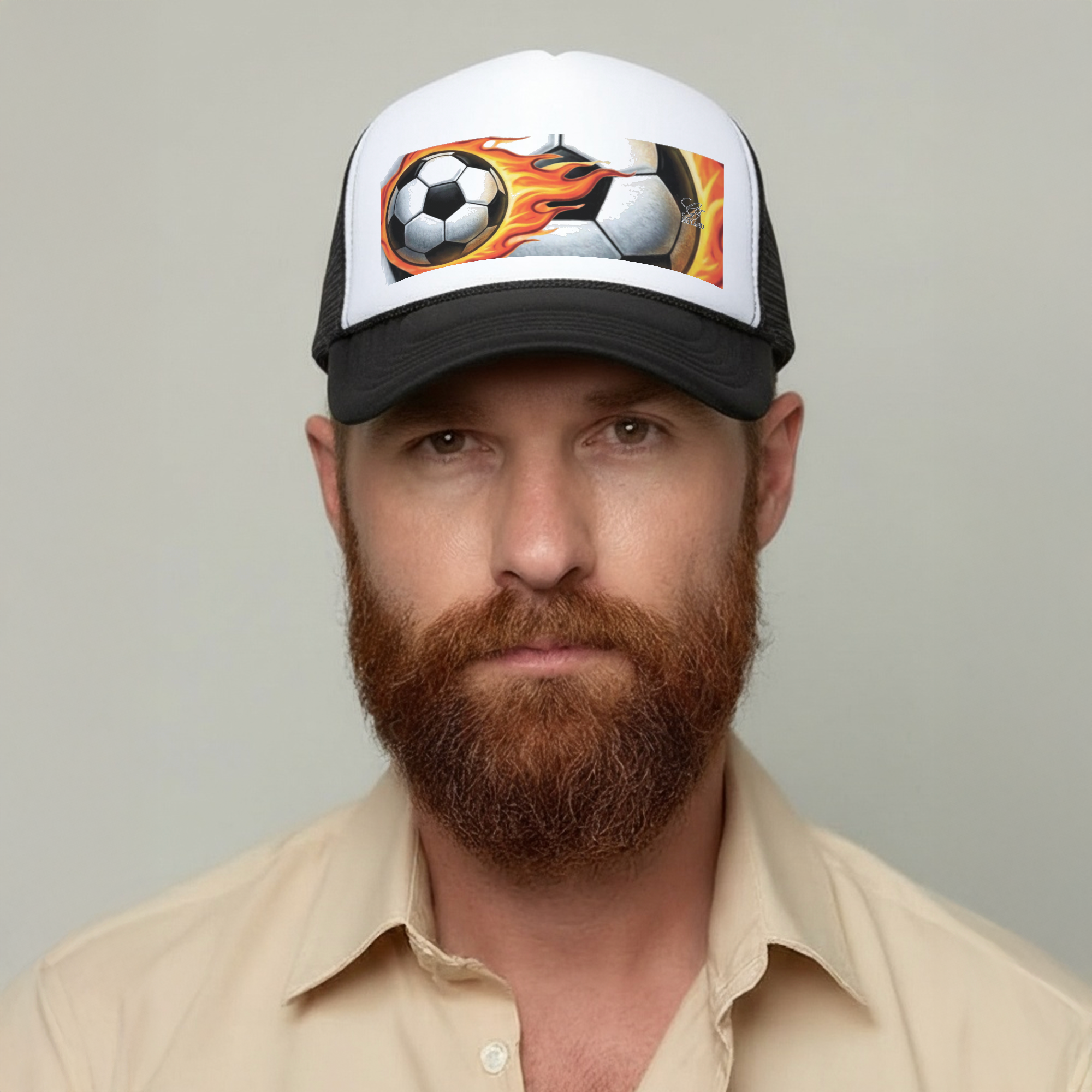 Flaming Airbrush Soccer Ball Designer Urban Trucker Hat - Black/White by GT Artland