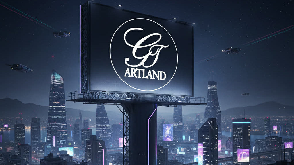 Futuristic cityscape with a large billboard displaying 'GF Artland' logo.