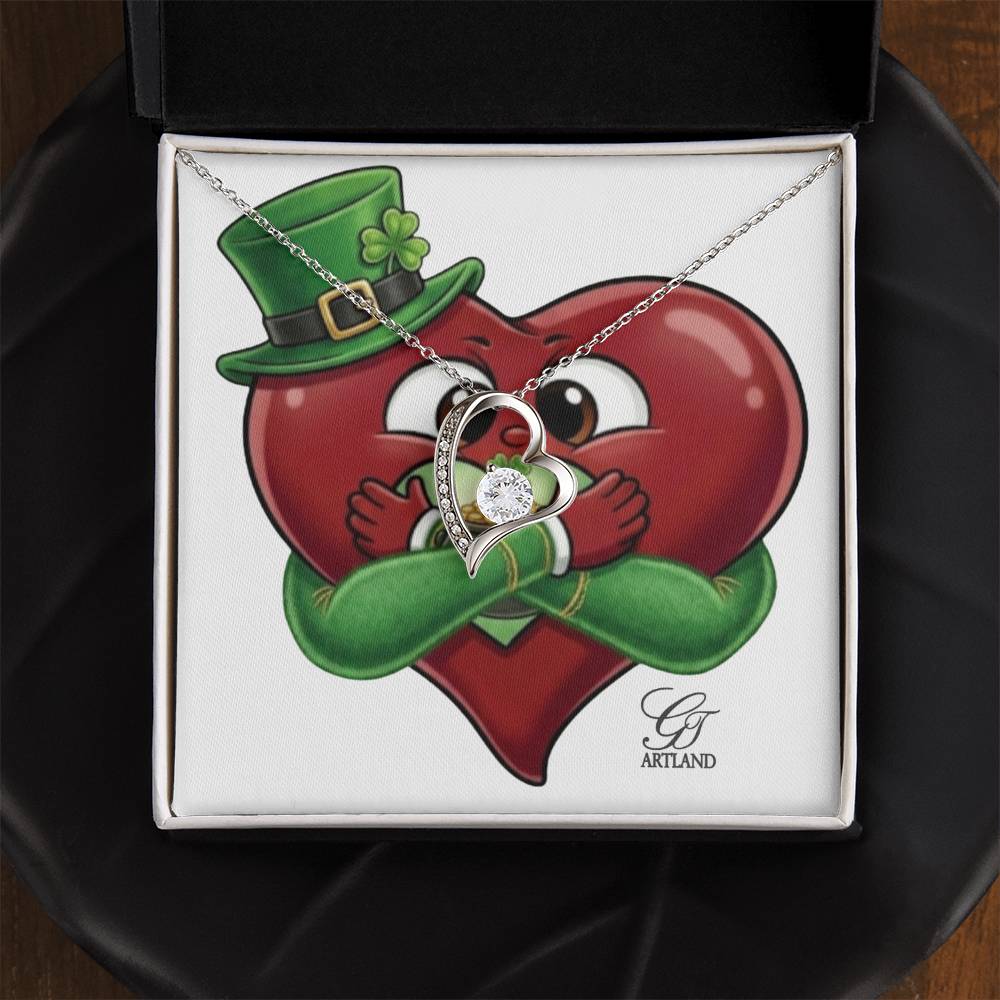 Shamrock Heart Leprechaun Irish Lovey Dovey Designer Forever Love Necklace (Rhodium ONLY) + Luxury Box by GT Artland