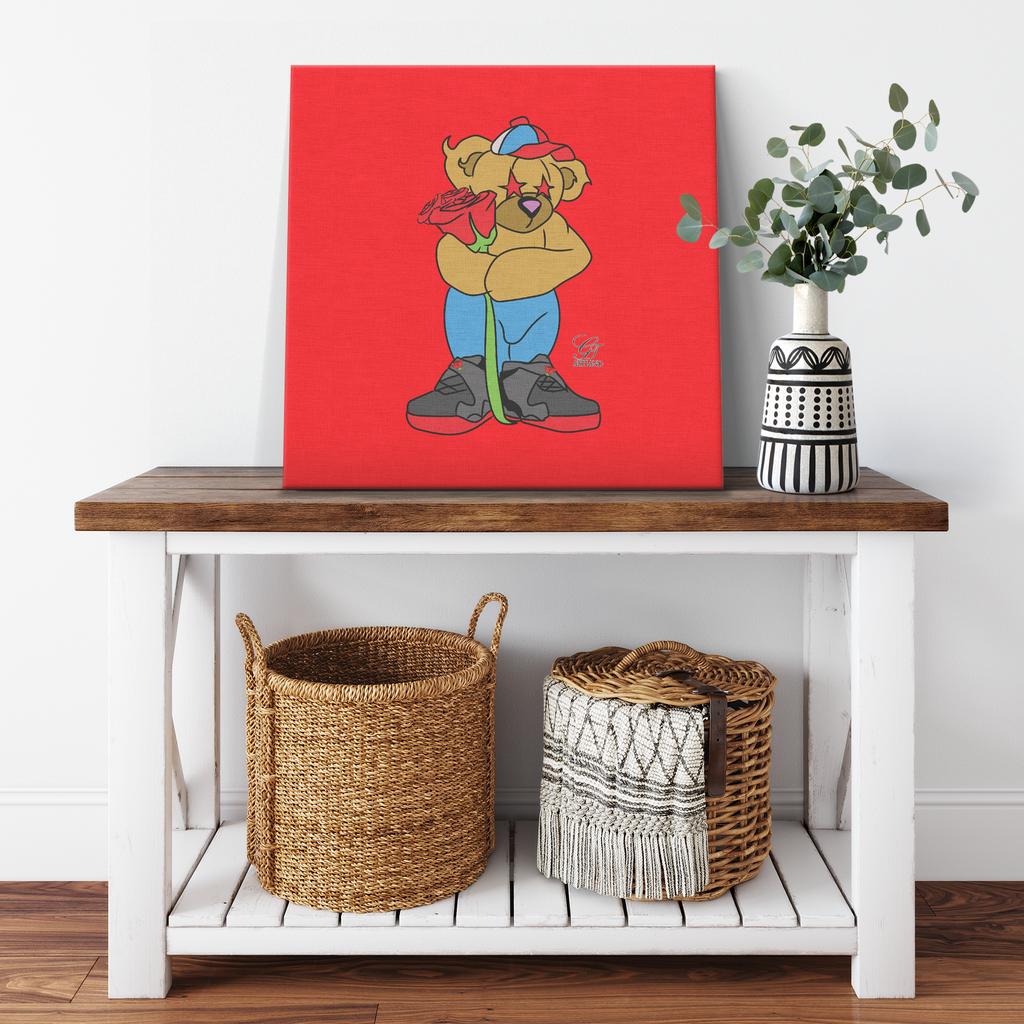 Love Designer Bear holding Red Rose Canvas Wrap by GT Artland
