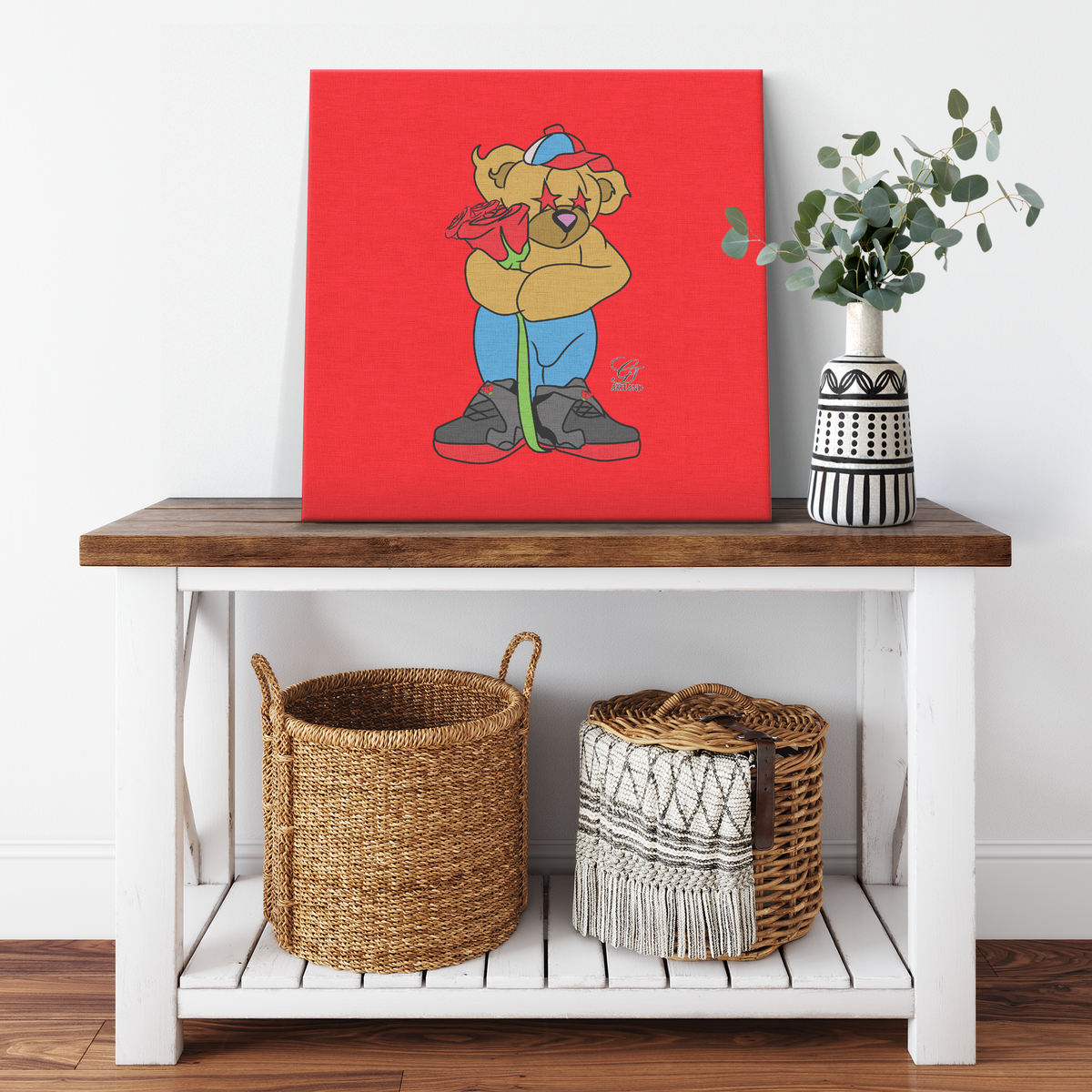 Love Designer Bear holding Red Rose Canvas Wrap by GT Artland