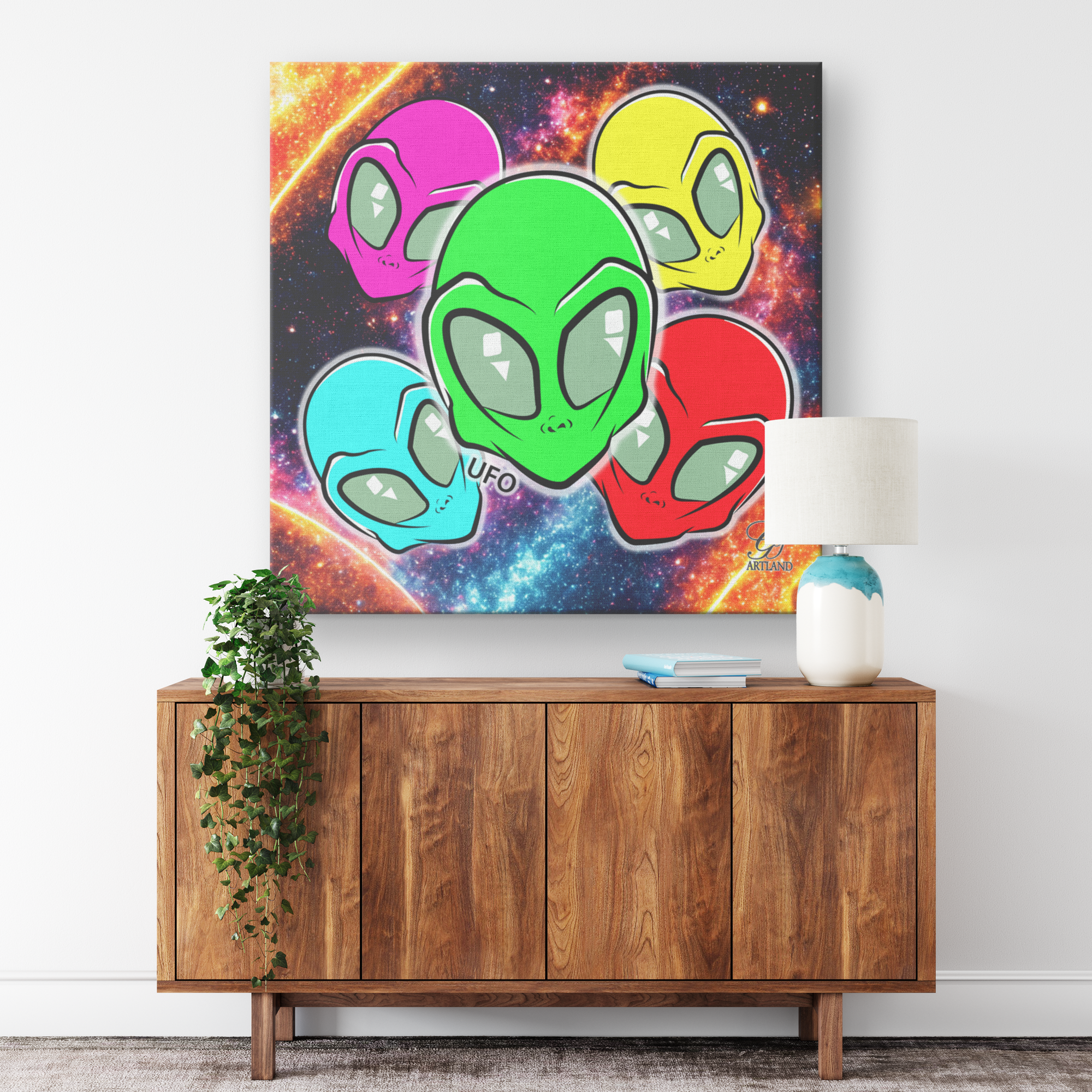 Rainbow Colorful UFO Alien Martian Head Collage Square Canvas Wrap by GT Artland