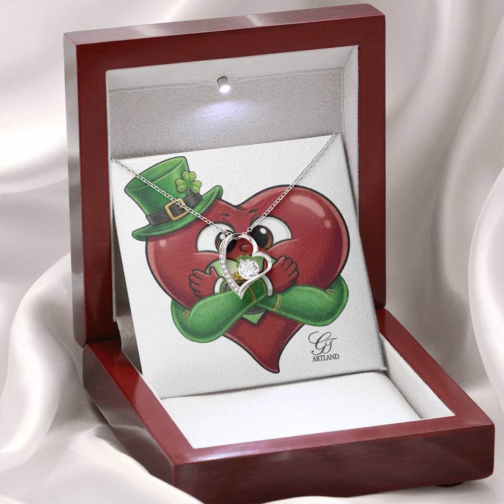 Shamrock Heart Leprechaun Irish Lovey Dovey Designer Forever Love Necklace (Rhodium ONLY) + Luxury Box by GT Artland
