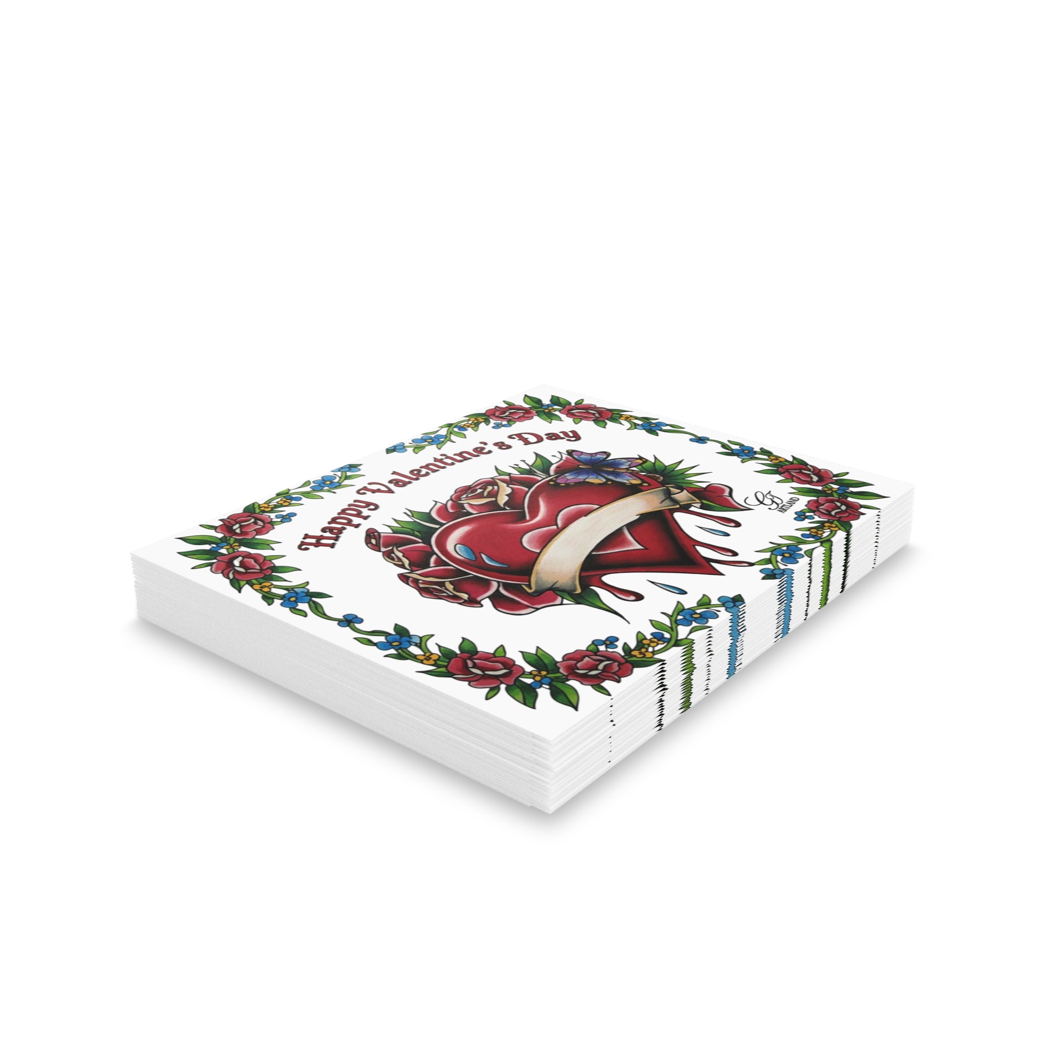 Happy Valentines Day " Tattoo Styled" Hearts and Roses with Ribbon Card (8, 16, and 24 pcs) by GT Artland