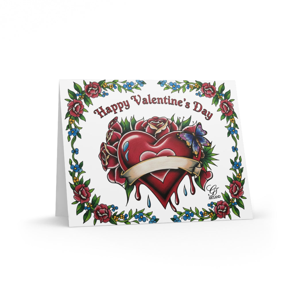 Happy Valentines Day " Tattoo Styled" Hearts and Roses with Ribbon Card (8, 16, and 24 pcs) by GT Artland