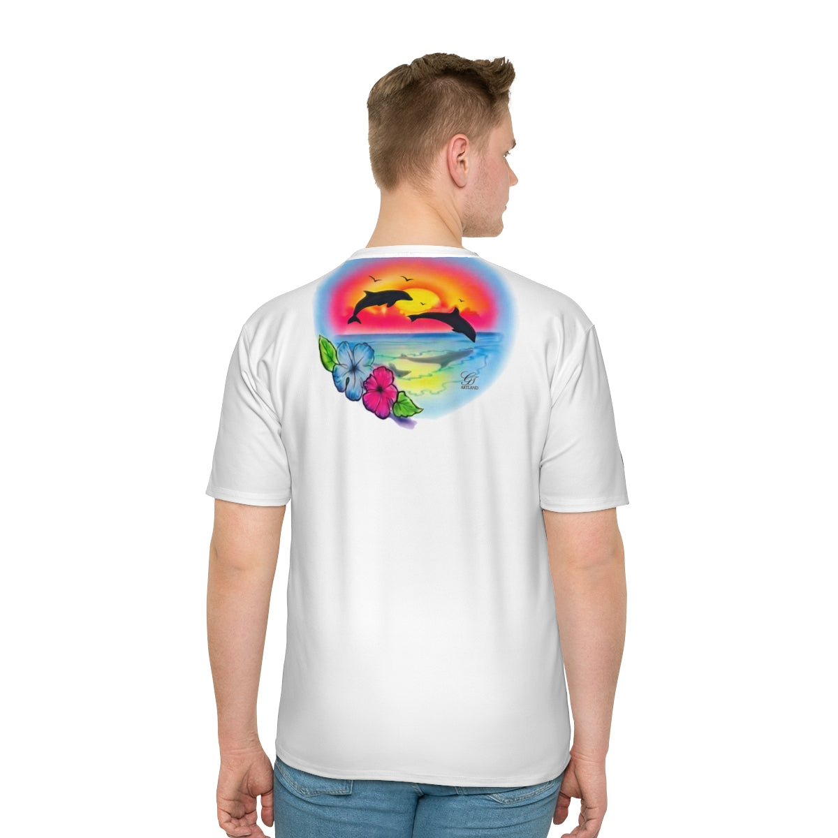 BEACH Sunset Dolphin Color Blast Customizable Airbrush Digital Designer Personalized "Any Name" Exclusive Men's Loose T-shirt by GT Artland