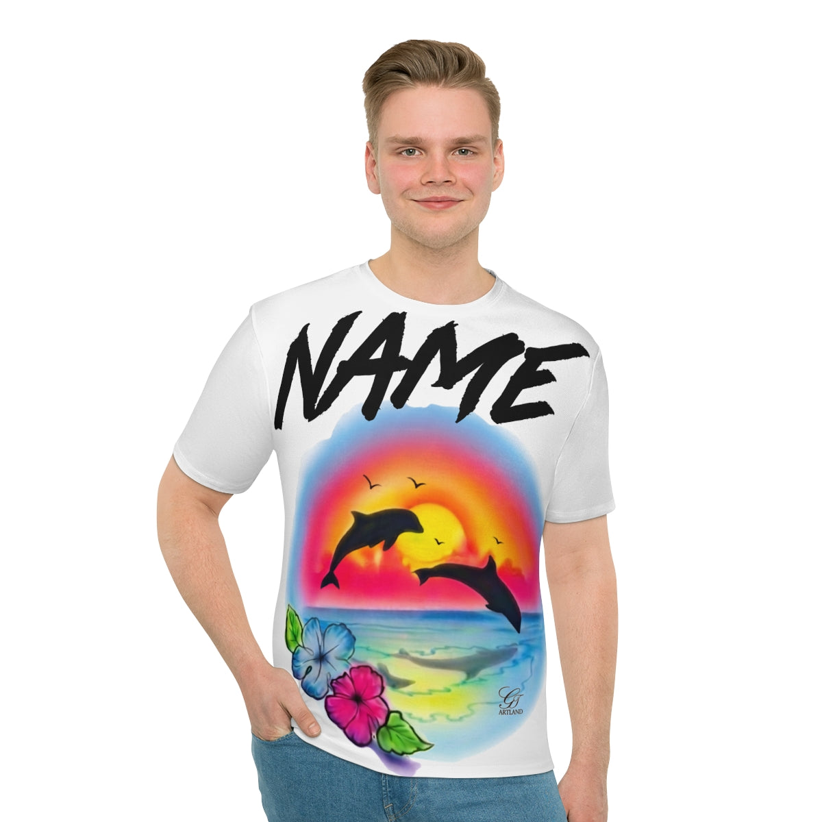 BEACH Sunset Dolphin Color Blast Customizable Airbrush Digital Designer Personalized "Any Name" Exclusive Men's Loose T-shirt by GT Artland