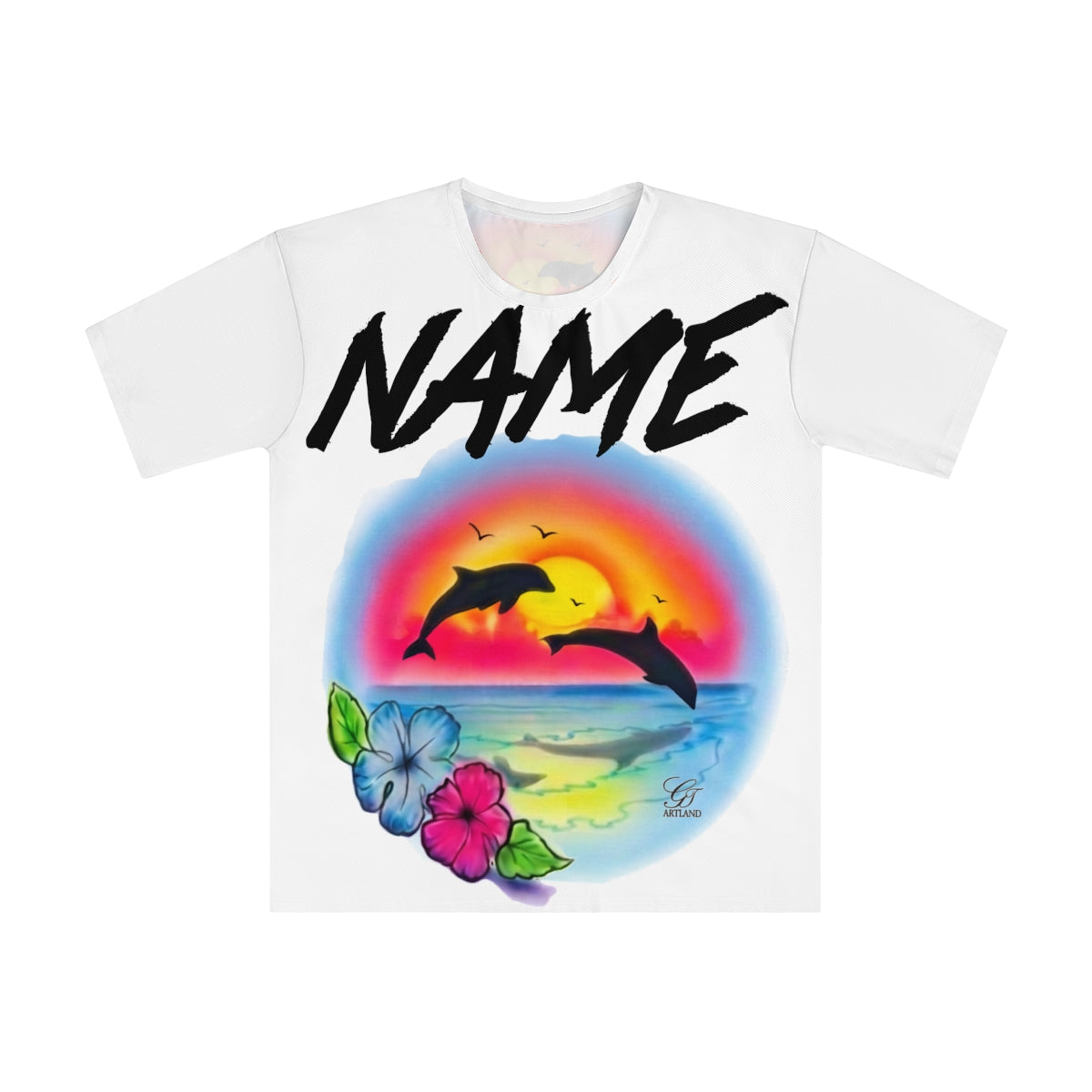 BEACH Sunset Dolphin Color Blast Customizable Airbrush Digital Designer Personalized "Any Name" Exclusive Men's Loose T-shirt by GT Artland