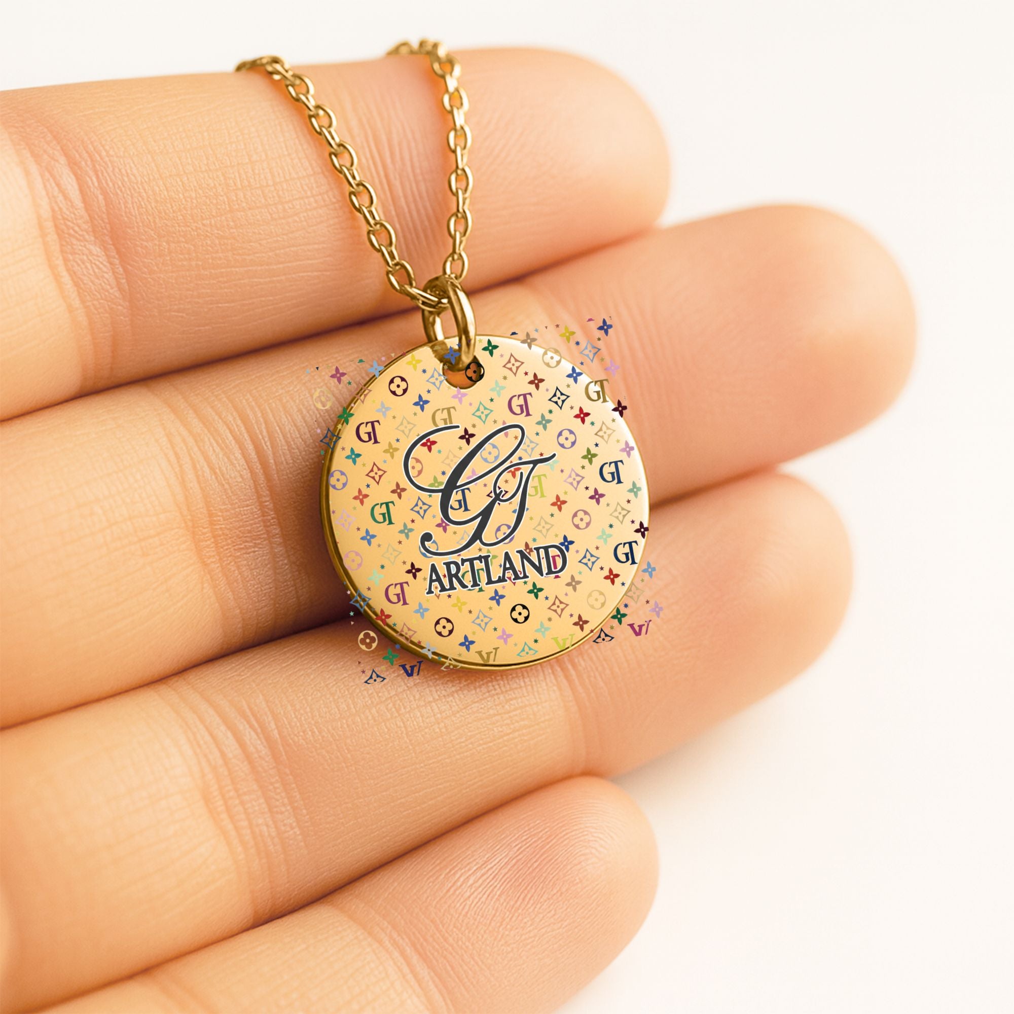 High Fashion Rainbow Monogram Deluxe Designer Fine Links Coin Necklace by GT Artland