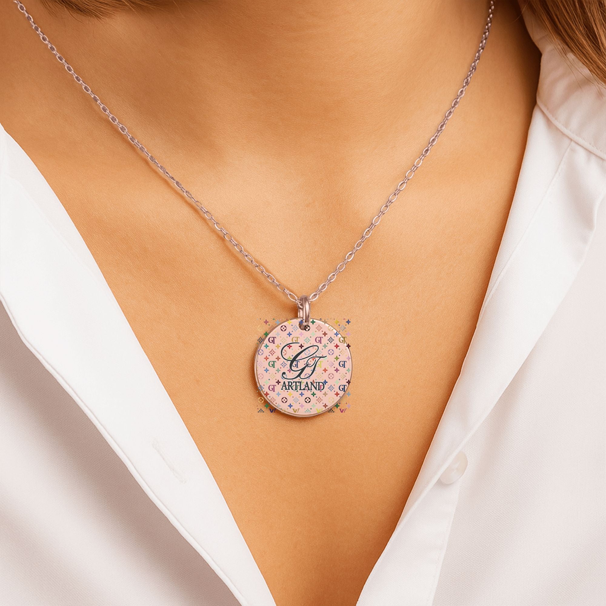 High Fashion Rainbow Monogram Deluxe Designer Fine Links Coin Necklace by GT Artland