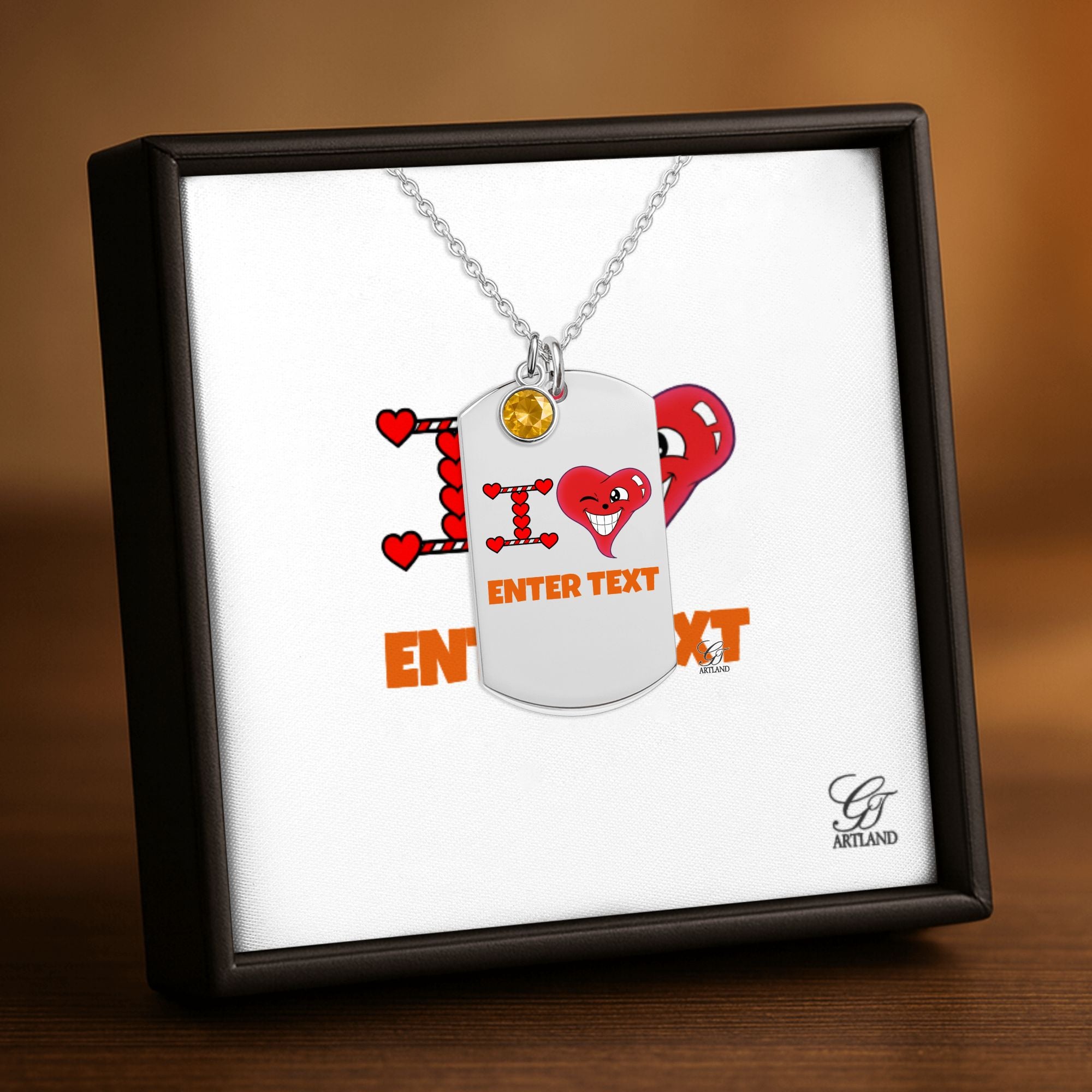 Personalized " I Heart " ADD ANY TEXT Fine Links Tag Necklace with Birthstone by GT Artland