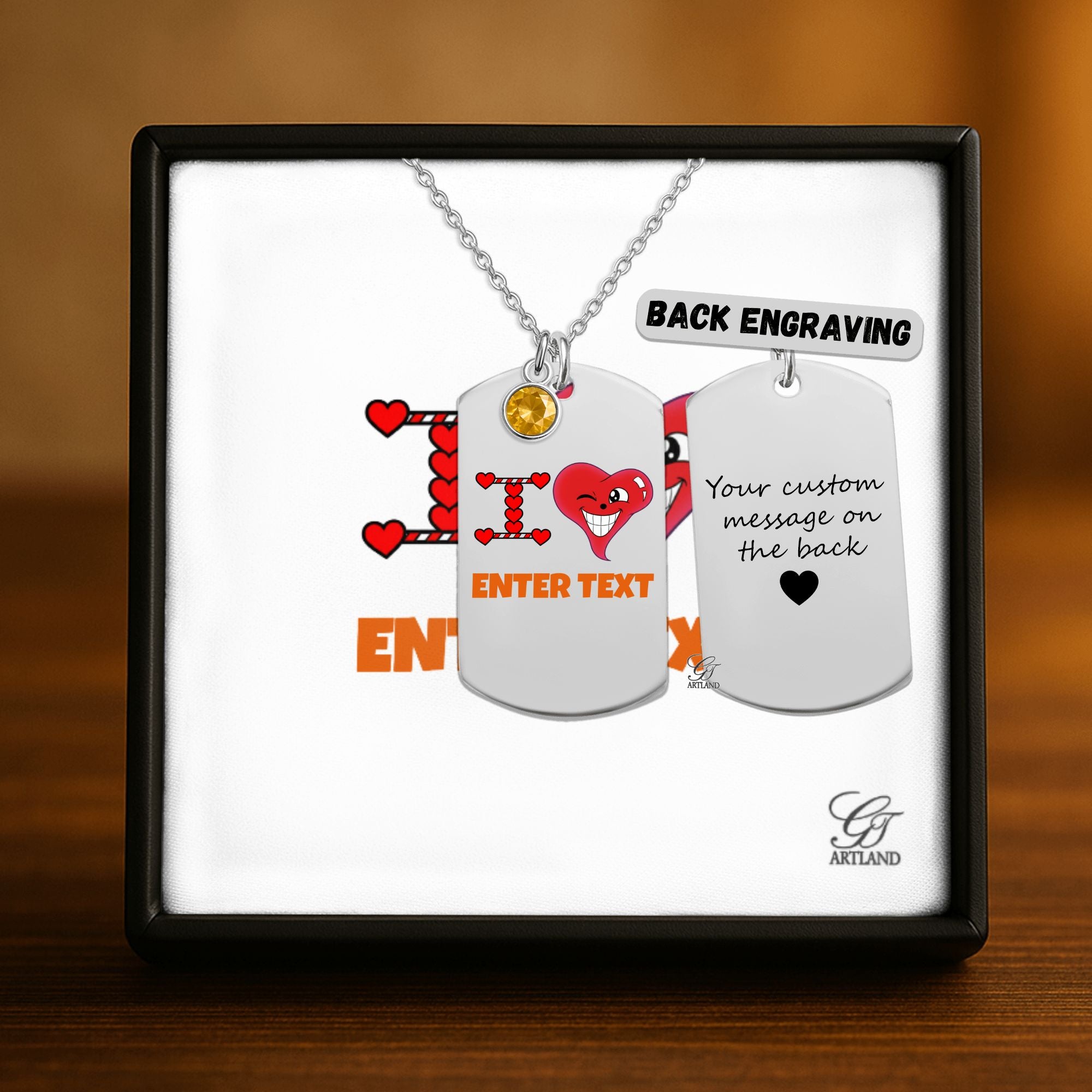 Personalized " I Heart " ADD ANY TEXT Fine Links Tag Necklace with Birthstone by GT Artland