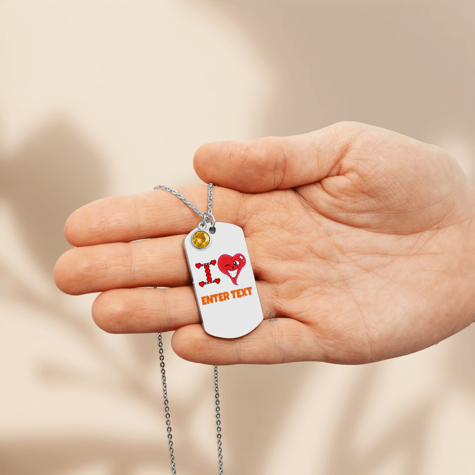 Personalized " I Heart " ADD ANY TEXT Fine Links Tag Necklace with Birthstone by GT Artland