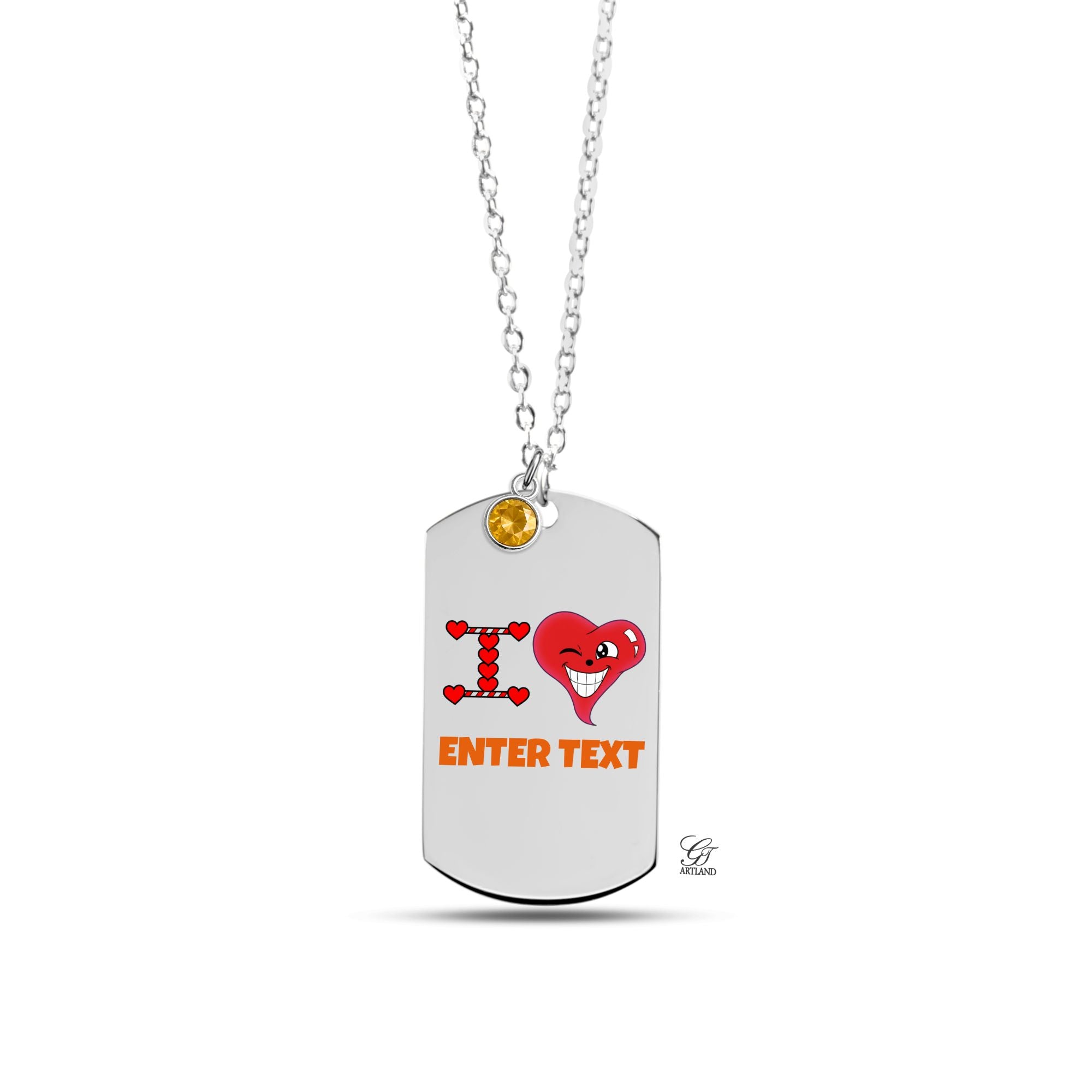 Personalized " I Heart " ADD ANY TEXT Fine Links Tag Necklace with Birthstone by GT Artland