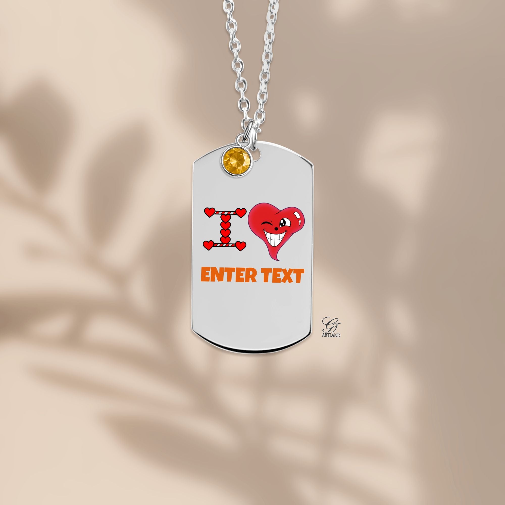 Personalized " I Heart " ADD ANY TEXT Fine Links Tag Necklace with Birthstone by GT Artland