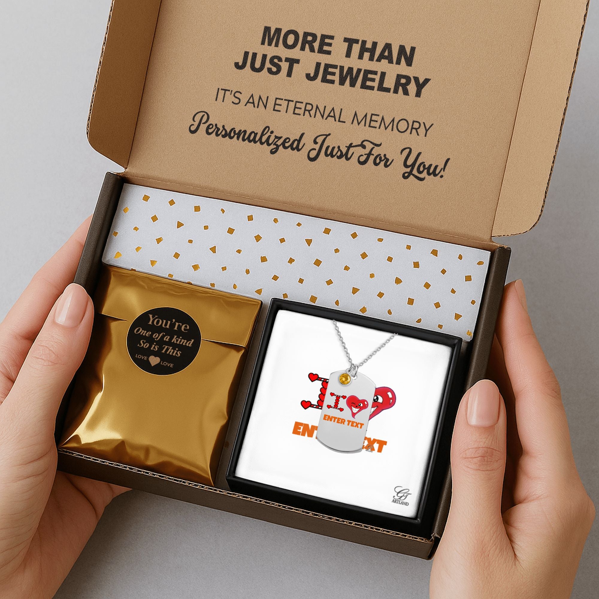 Personalized " I Heart " ADD ANY TEXT Fine Links Tag Necklace with Birthstone by GT Artland