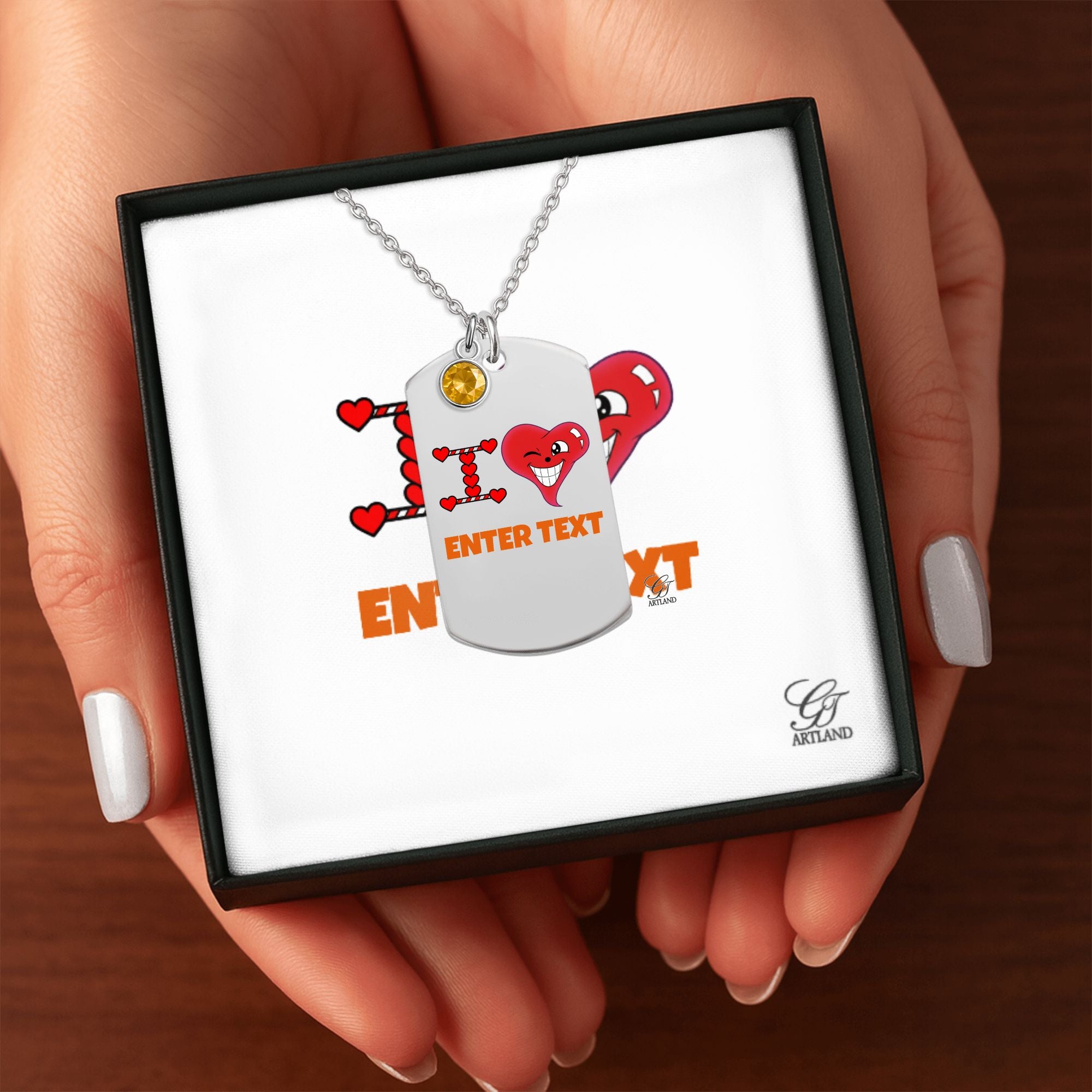 Personalized " I Heart " ADD ANY TEXT Fine Links Tag Necklace with Birthstone by GT Artland
