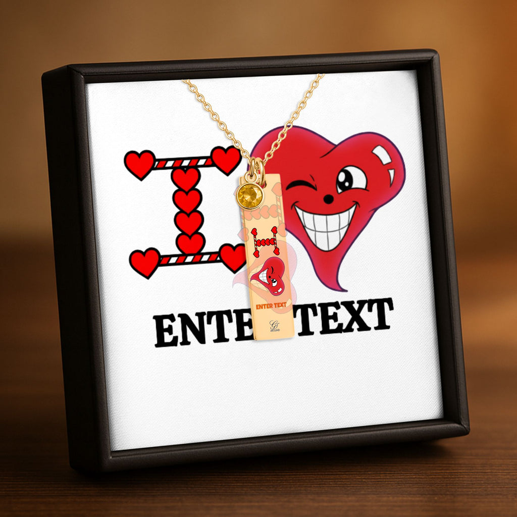 I Heart You "Any Name" "Any Text/Color" Original Classic Design Fine Links Vertical Bar Necklace with Birthstone by GT Artland