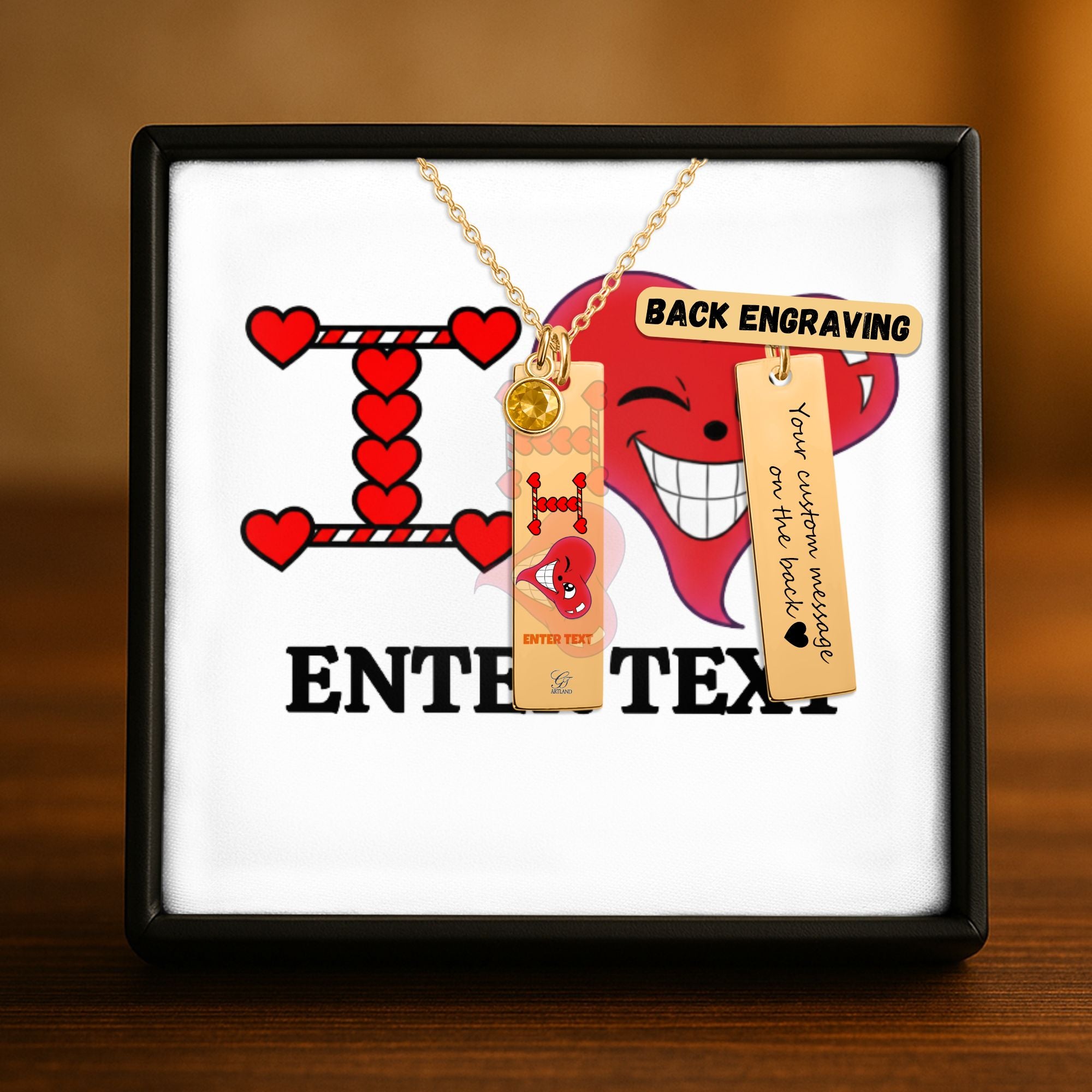 I Heart You "Any Name" "Any Text/Color" Original Classic Design Fine Links Vertical Bar Necklace with Birthstone by GT Artland