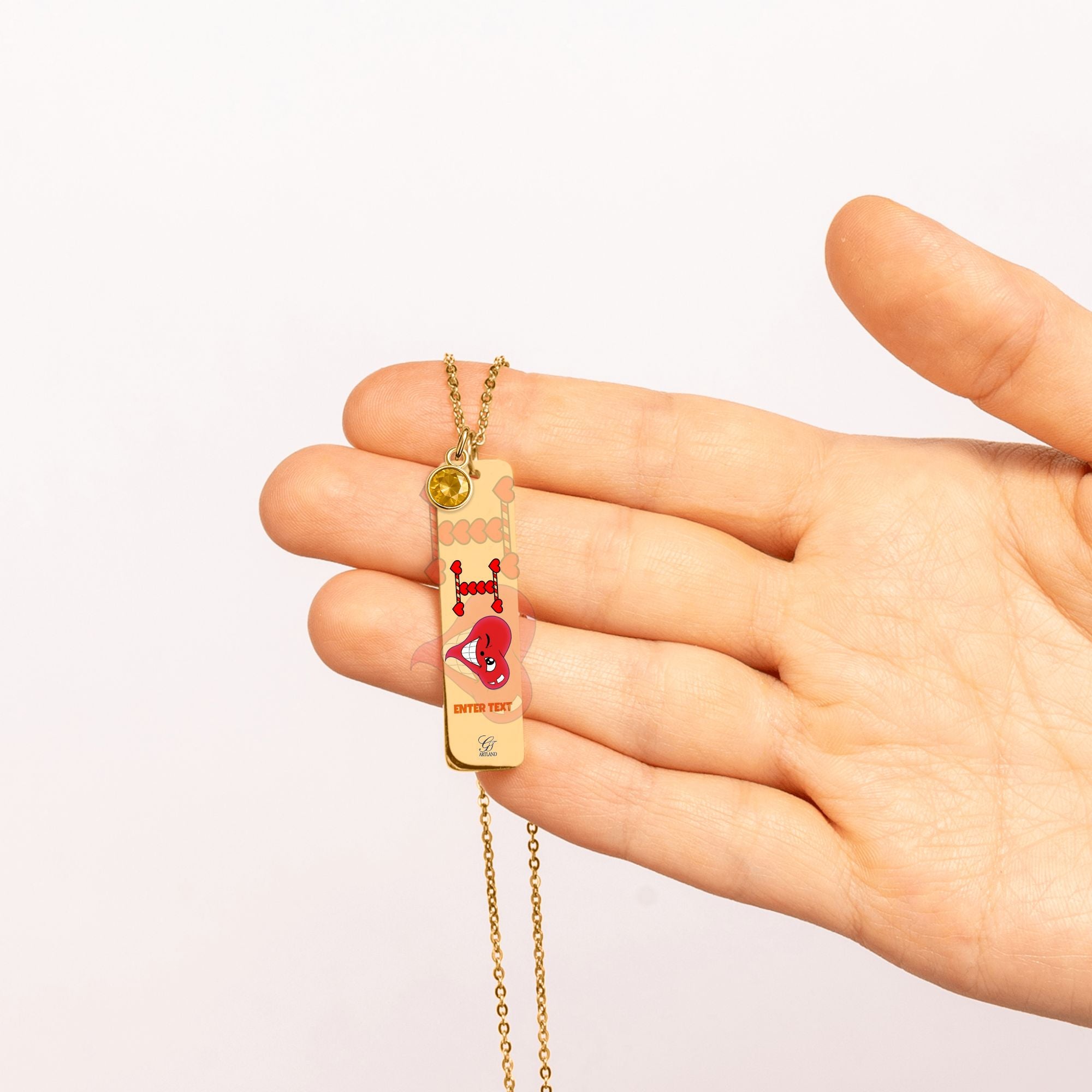 I Heart You "Any Name" "Any Text/Color" Original Classic Design Fine Links Vertical Bar Necklace with Birthstone by GT Artland