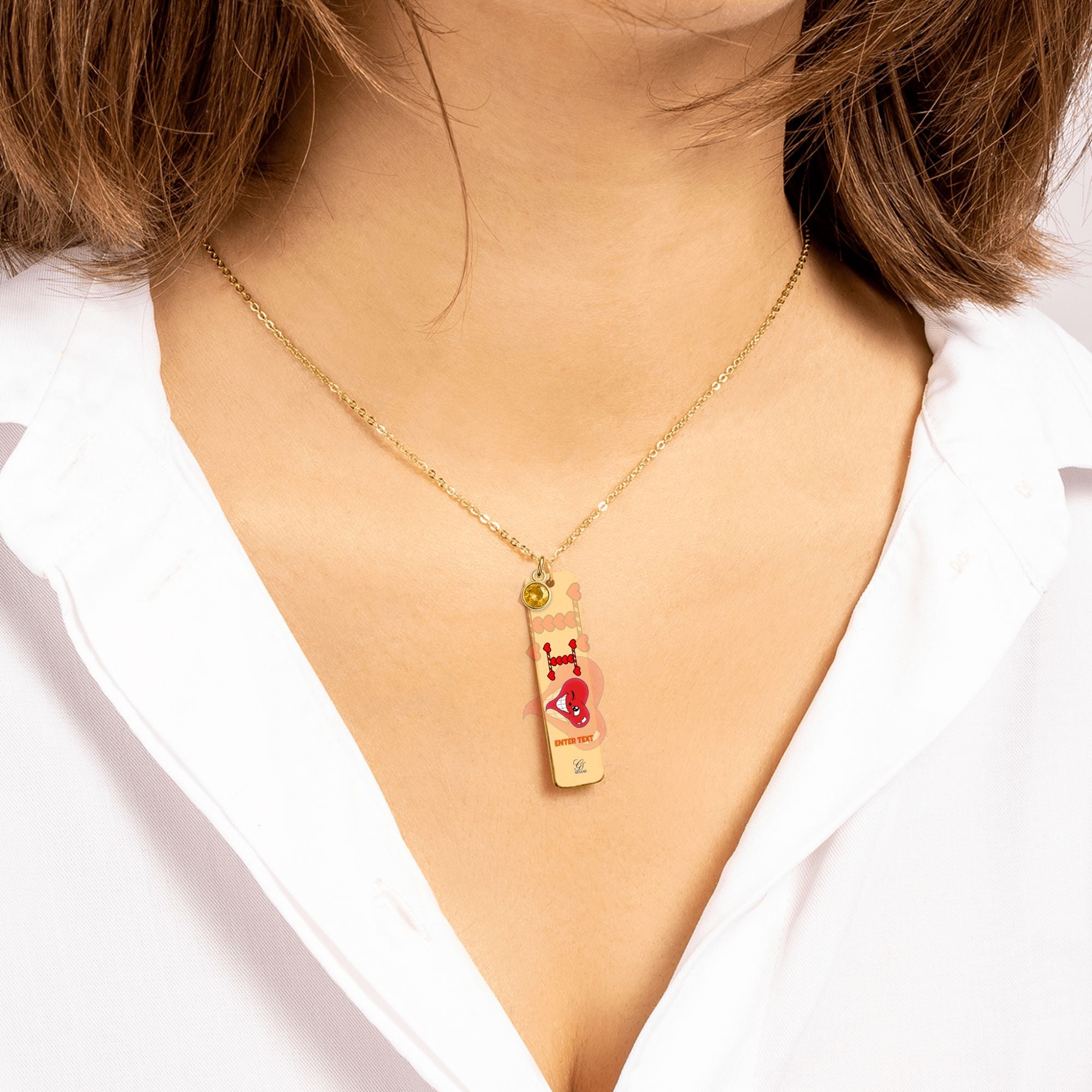 I Heart You "Any Name" "Any Text/Color" Original Classic Design Fine Links Vertical Bar Necklace with Birthstone by GT Artland