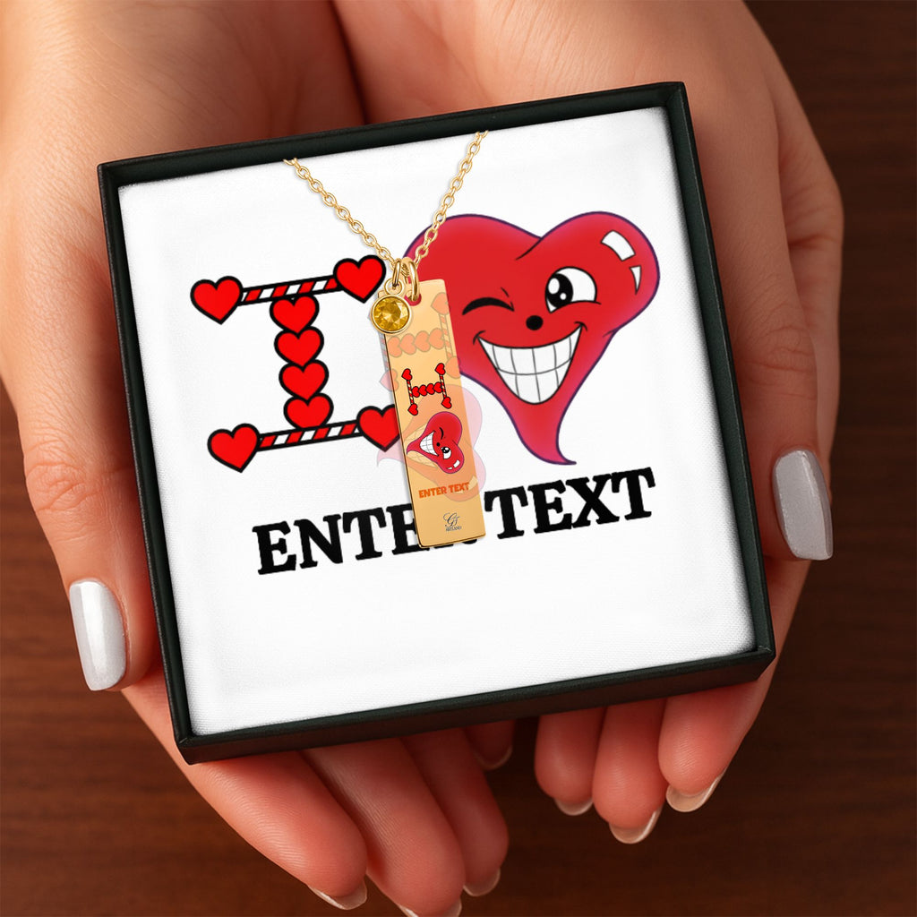 I Heart You "Any Name" "Any Text/Color" Original Classic Design Fine Links Vertical Bar Necklace with Birthstone by GT Artland