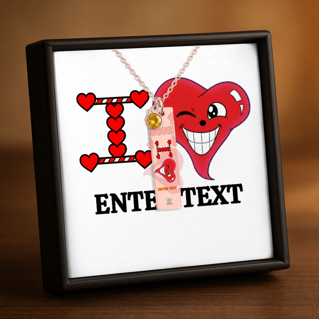 I Heart You "Any Name" "Any Text/Color" Original Classic Design Fine Links Vertical Bar Necklace with Birthstone by GT Artland