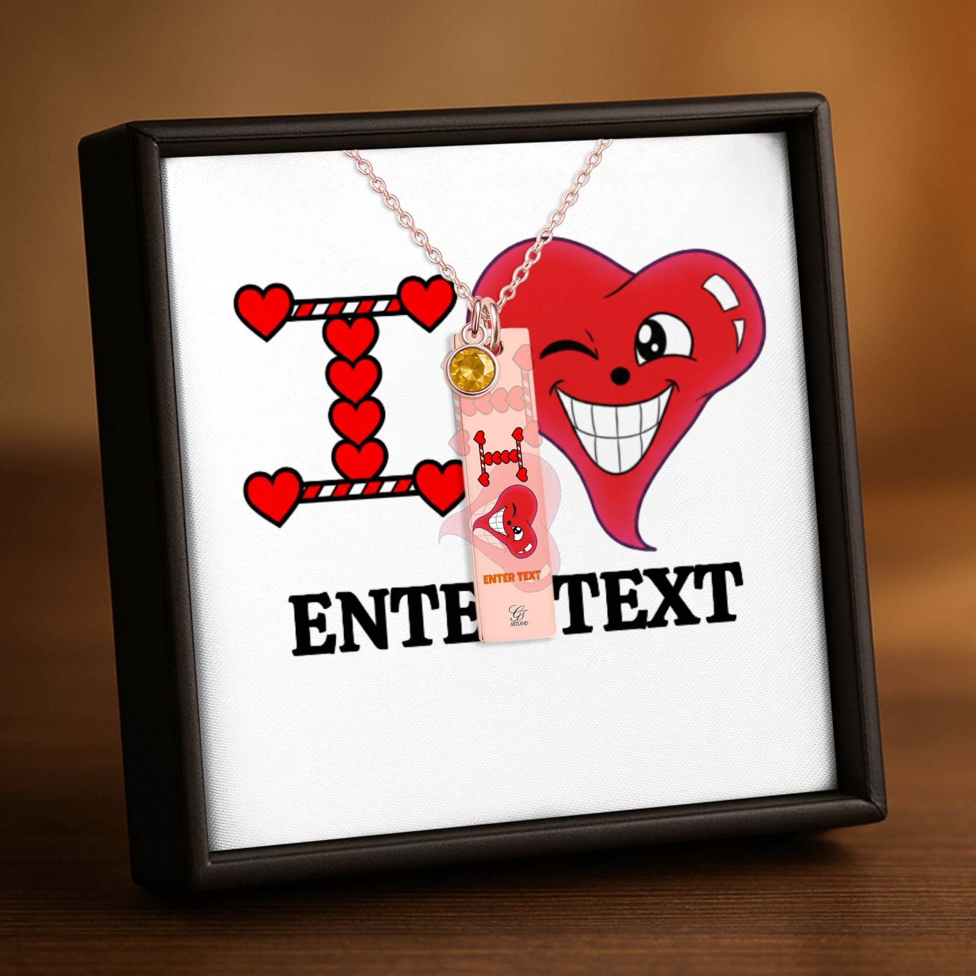 I Heart You "Any Name" "Any Text/Color" Original Classic Design Fine Links Vertical Bar Necklace with Birthstone by GT Artland