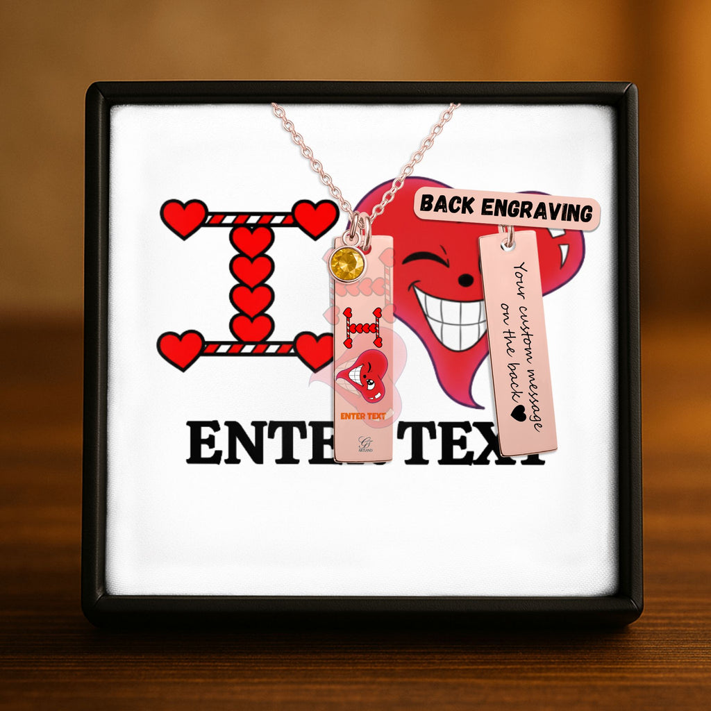I Heart You "Any Name" "Any Text/Color" Original Classic Design Fine Links Vertical Bar Necklace with Birthstone by GT Artland