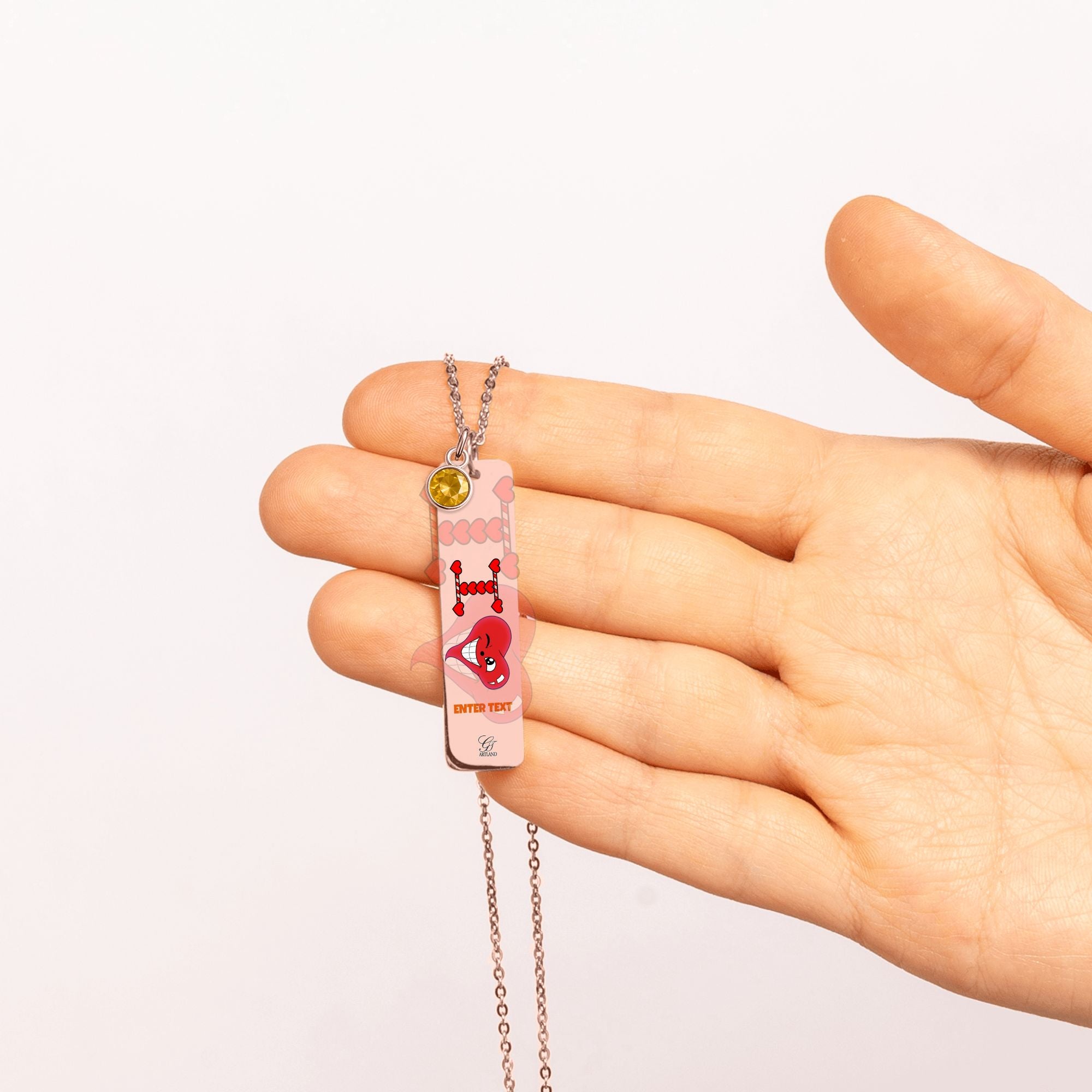 I Heart You "Any Name" "Any Text/Color" Original Classic Design Fine Links Vertical Bar Necklace with Birthstone by GT Artland