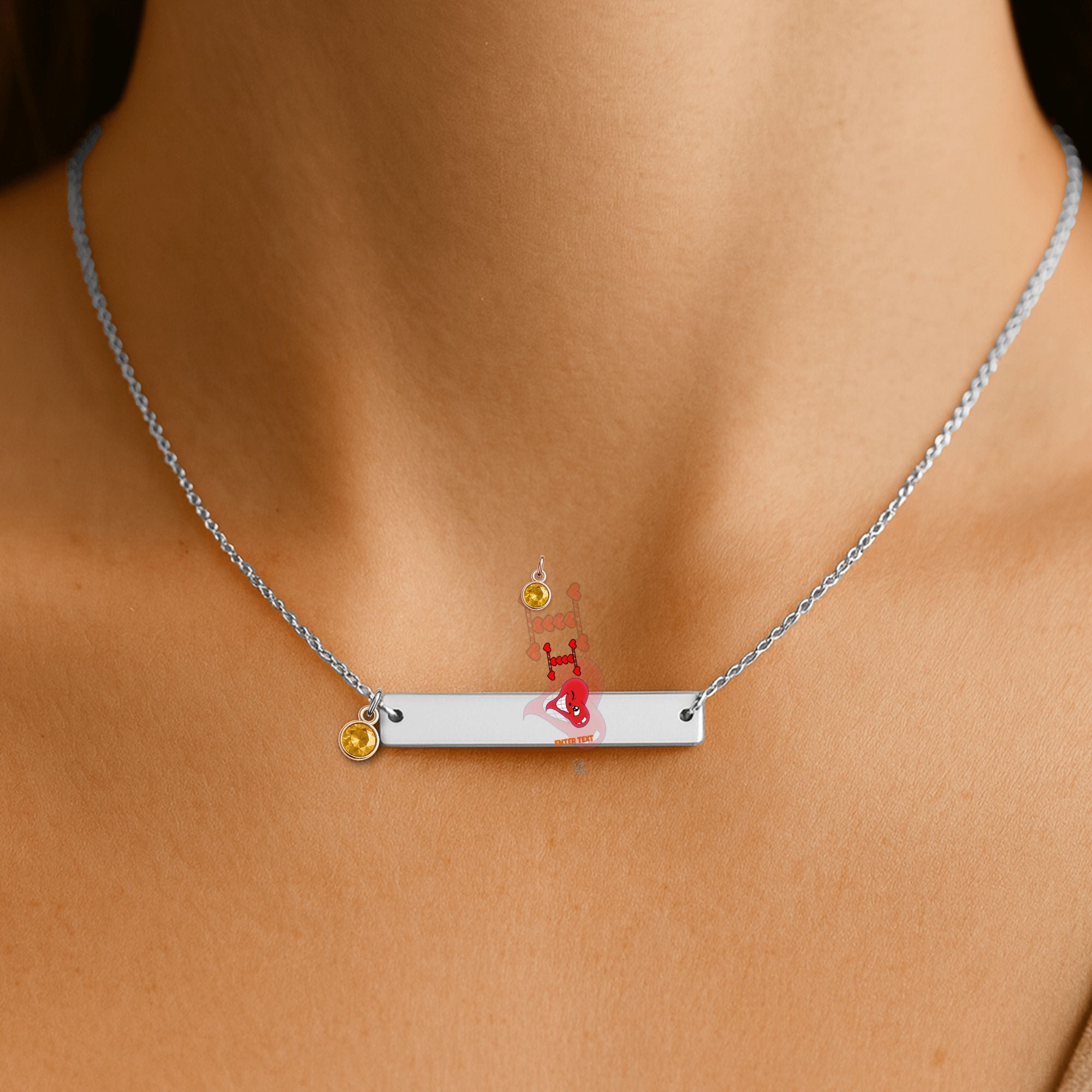 I Heart You "Any Name" "Any Text/Color" Original Classic Design Fine Links Vertical Bar Necklace with Birthstone by GT Artland