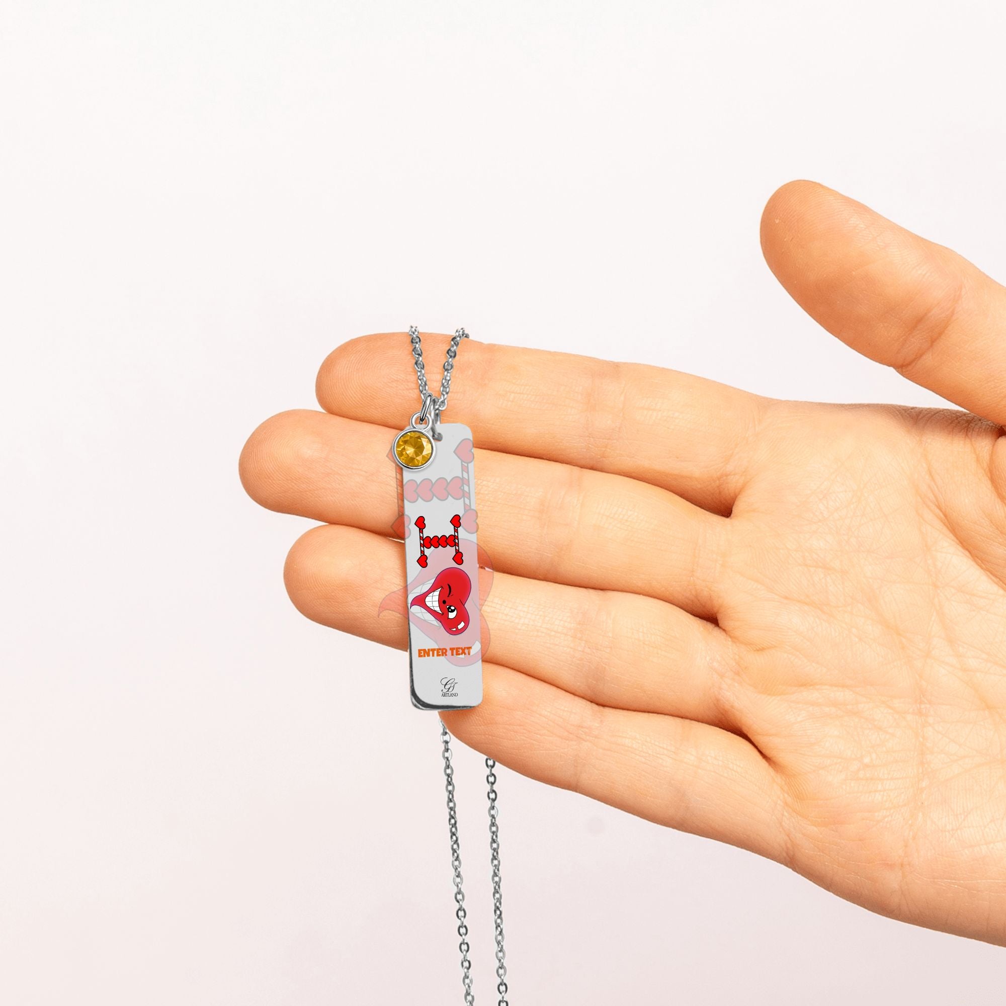 I Heart You "Any Name" "Any Text/Color" Original Classic Design Fine Links Vertical Bar Necklace with Birthstone by GT Artland