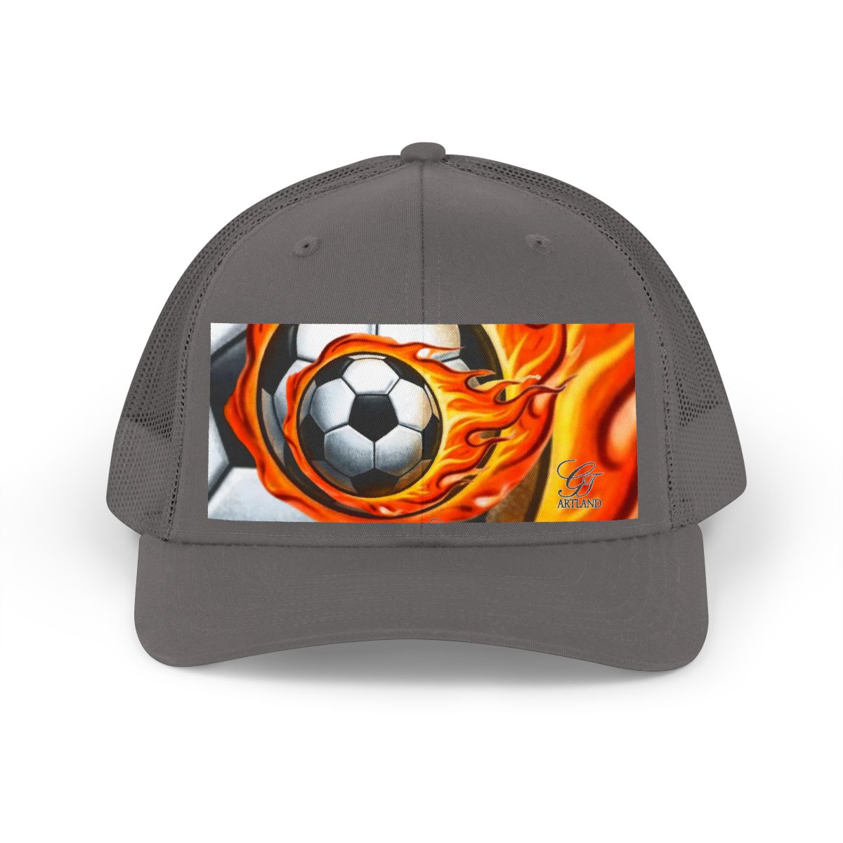 ?Airbrush Fire Soccer Ball Sports Trucker Retro Hat by GT Artland