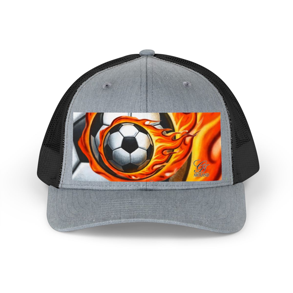 ?Airbrush Fire Soccer Ball Sports Trucker Retro Hat by GT Artland