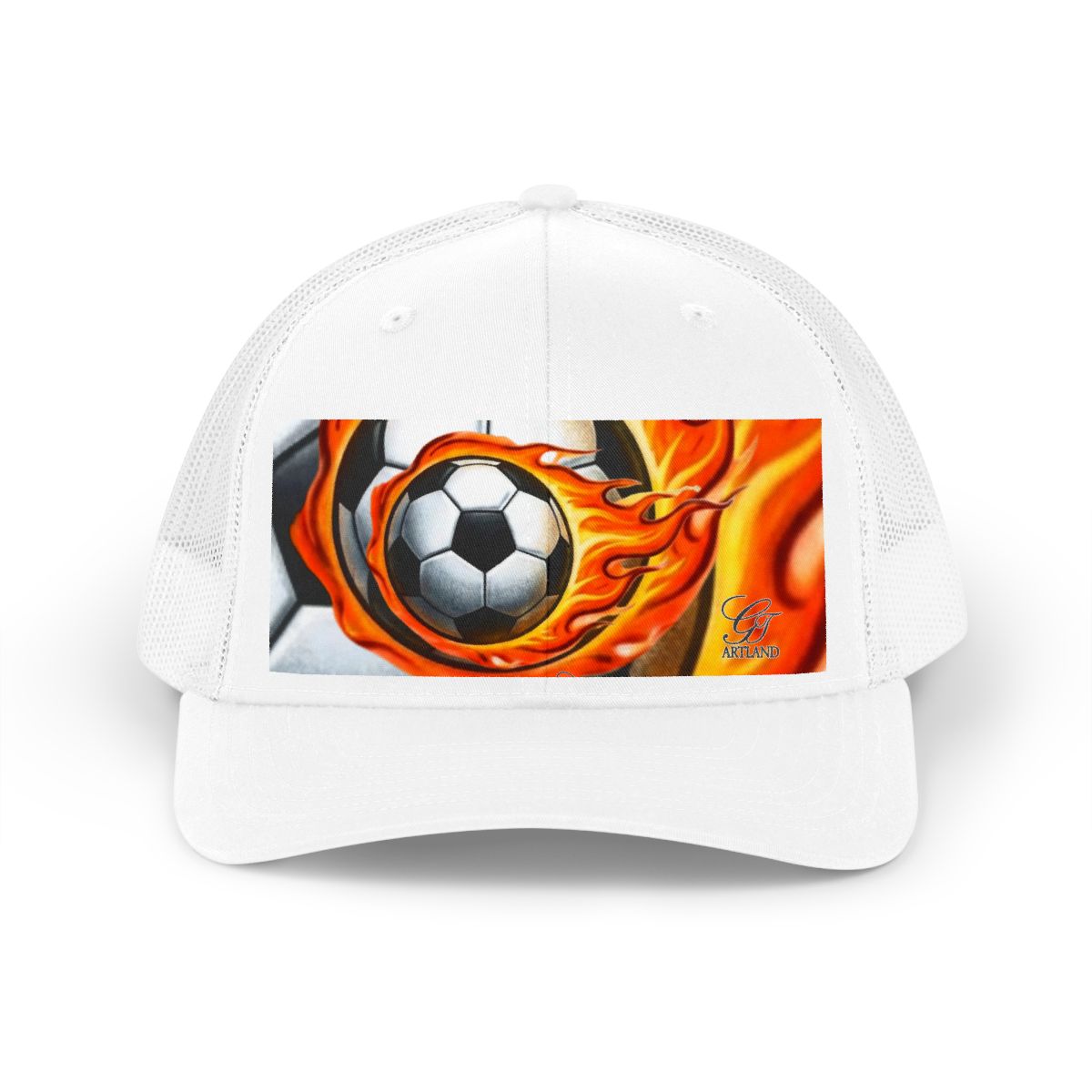 ?Airbrush Fire Soccer Ball Sports Trucker Retro Hat by GT Artland
