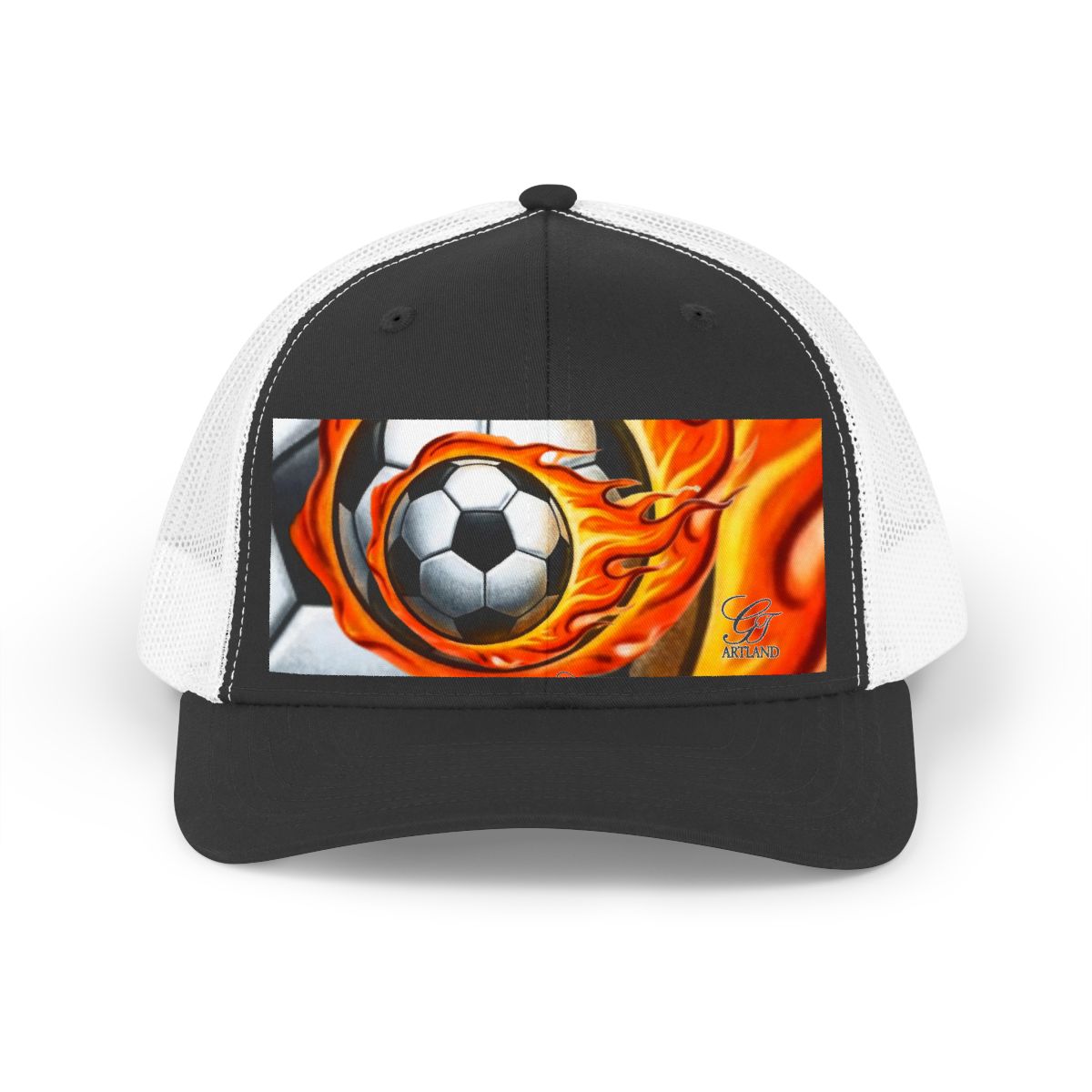 ?Airbrush Fire Soccer Ball Sports Trucker Retro Hat by GT Artland