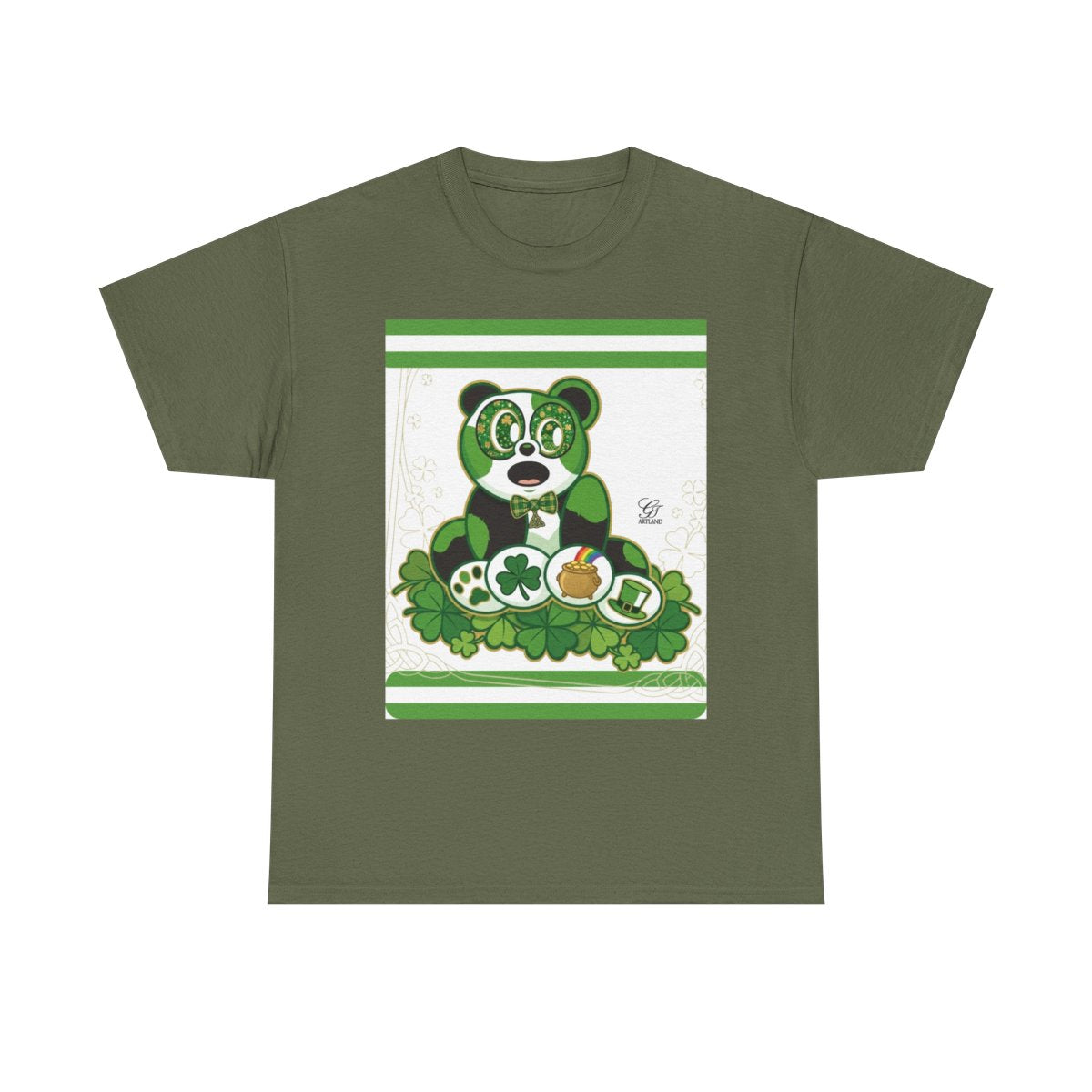 LUCKY CHARM URBAN PANDA GT Green Stripe Designer White Edition Unisex Heavy Cotton Tee by GT Artland