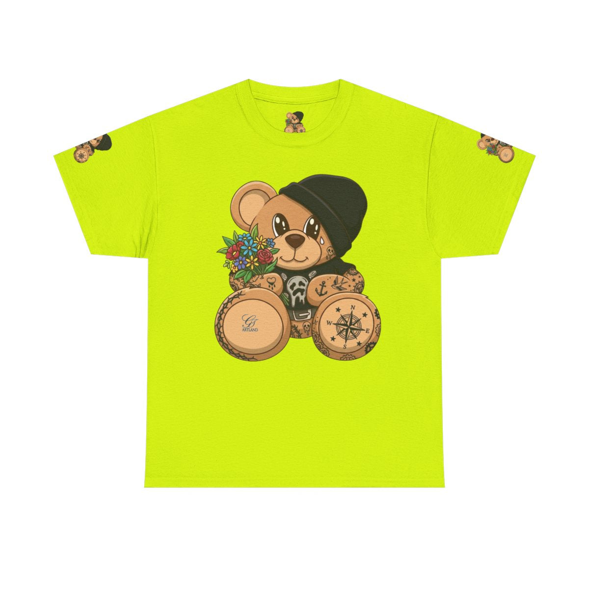 Hood Teddy Bear with Tats  in Black  Unisex Heavy Cotton Tee by GT Artland
