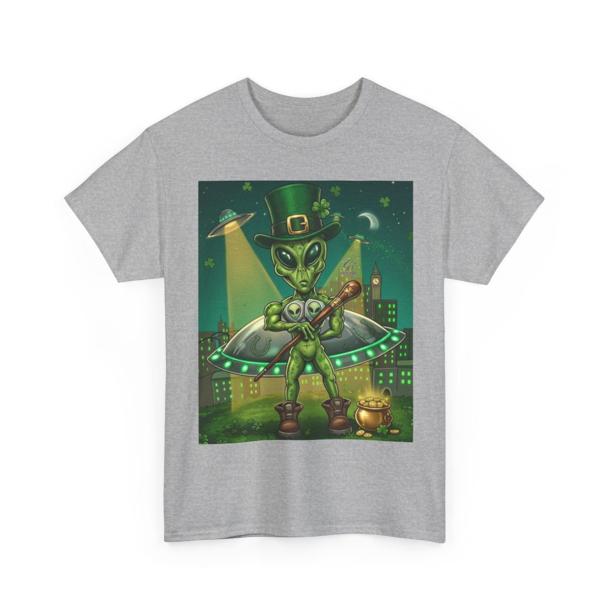 UFO Leprechaun Alien Abduction St Patricks Theme Unisex Heavy Cotton Tee BY GT ARTLAND