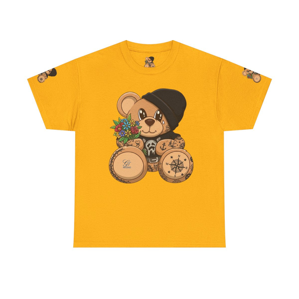Hood Teddy Bear with Tats  in Black  Unisex Heavy Cotton Tee by GT Artland