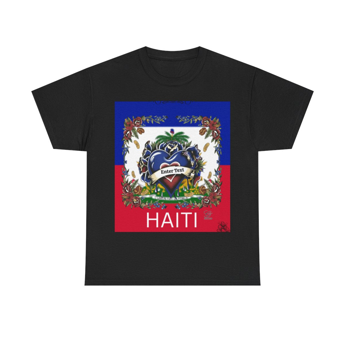 Haiti Flag Love Hearts and Roses Designer Unisex Heavy Cotton Tee by GT Artland